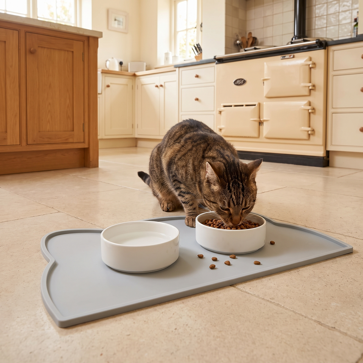 Tabby cat eating from a bowl on a grey silicone pet feeding mat