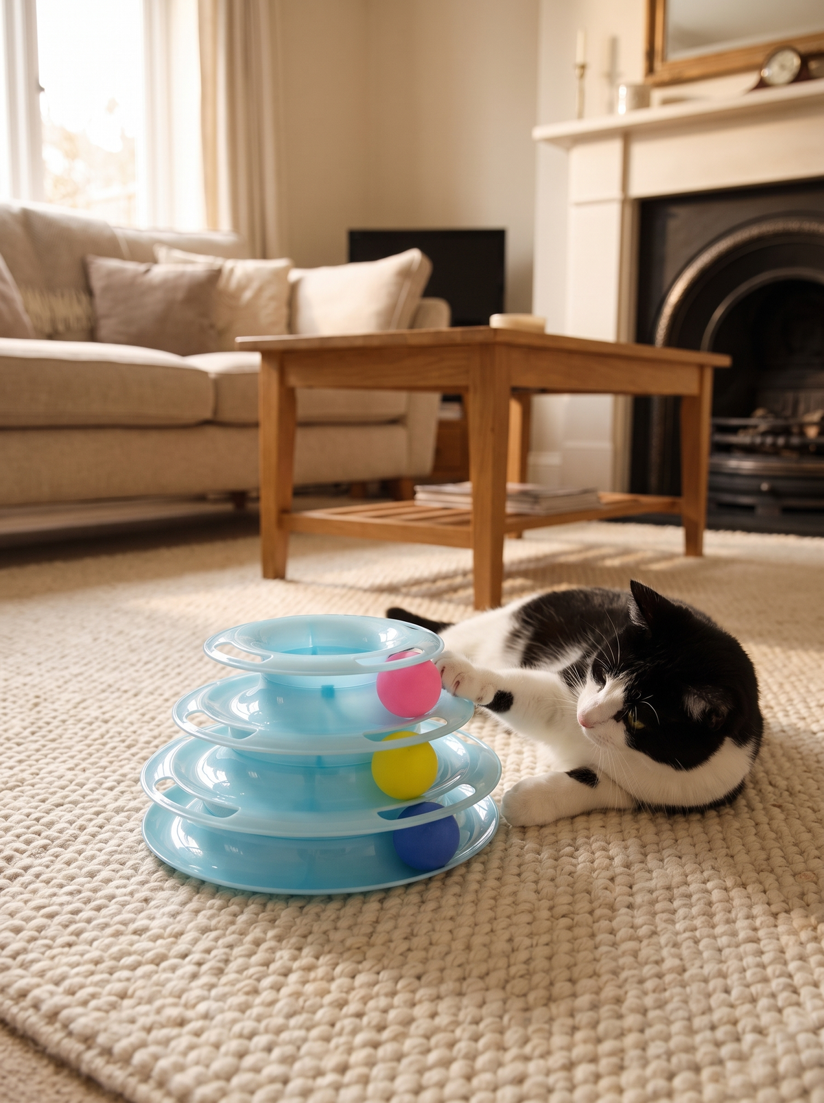 Black and white cat swiping a ball around a 3 tier cat ball tower
