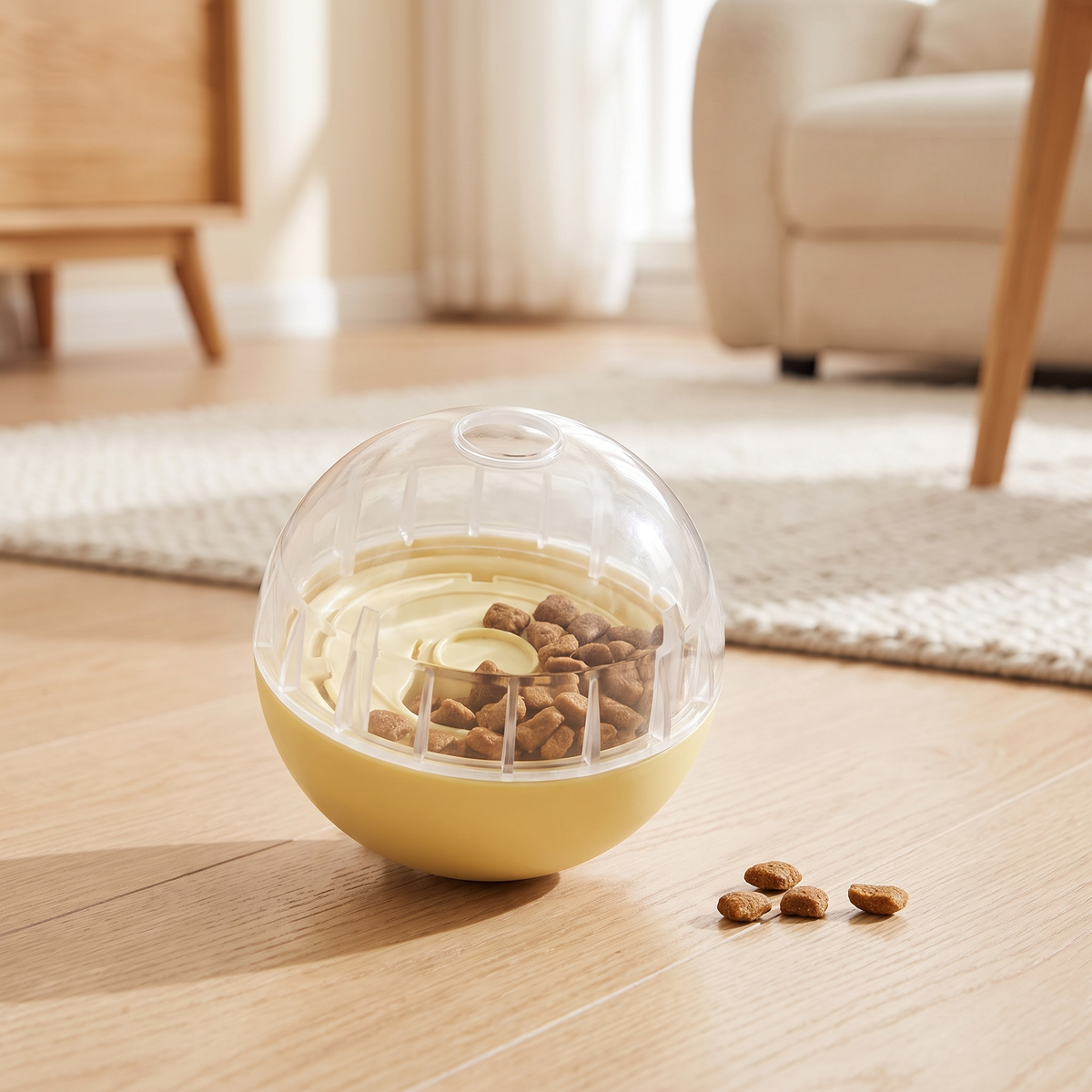 Yellow dog treat dispensing ball filled with kibble on an oak floor