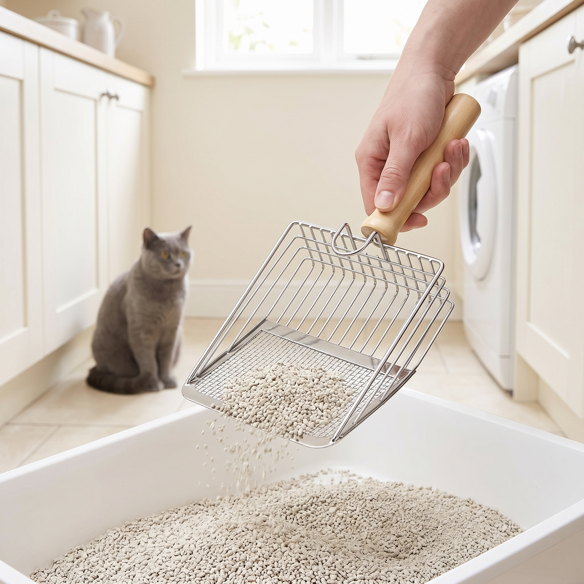 Hand sifting clean litter through a stainless steel cat litter scoop over a tray