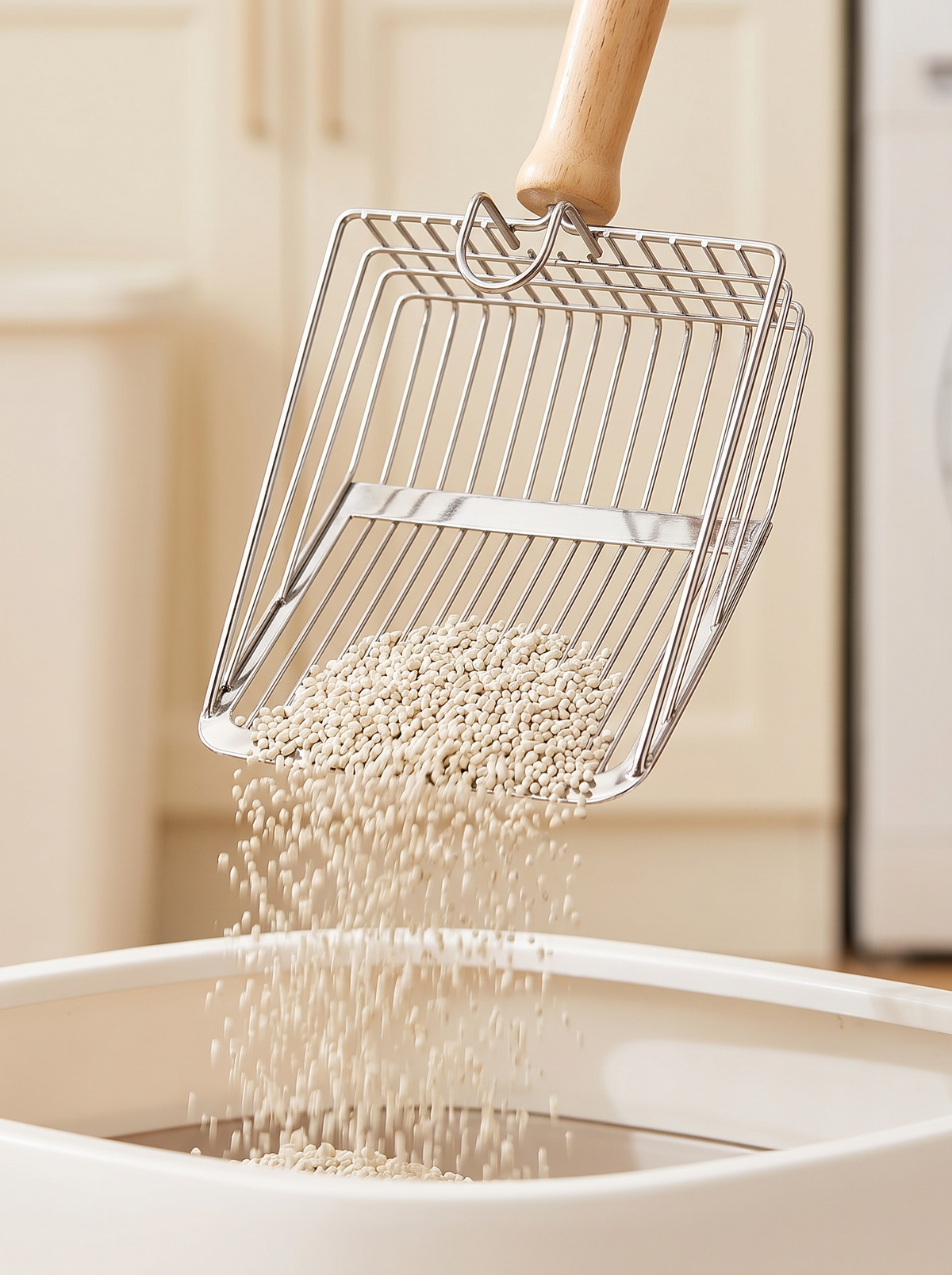 Clean litter pouring through the wire basket of a stainless steel scoop