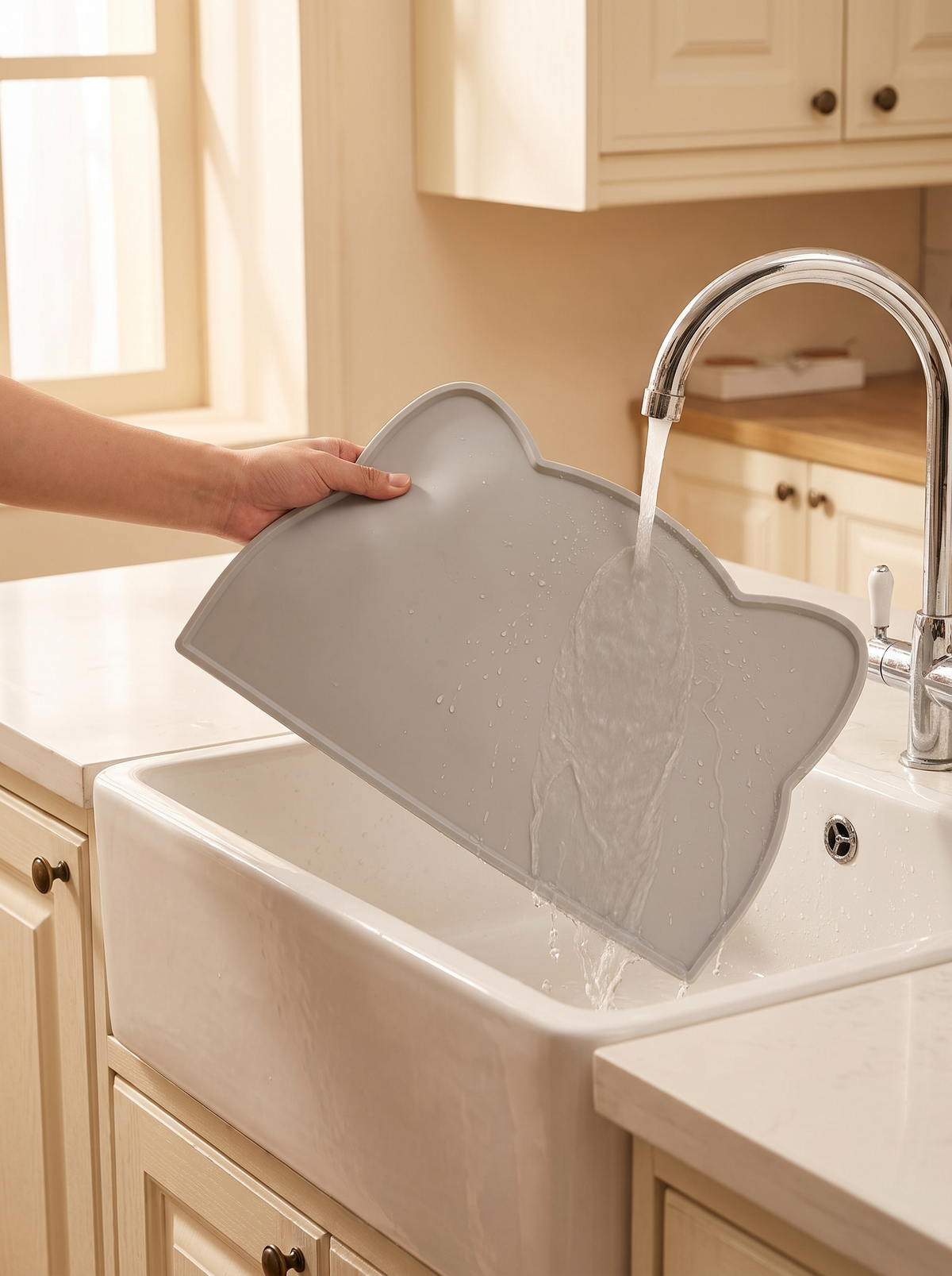 Silicone pet feeding mat being rinsed under a kitchen tap