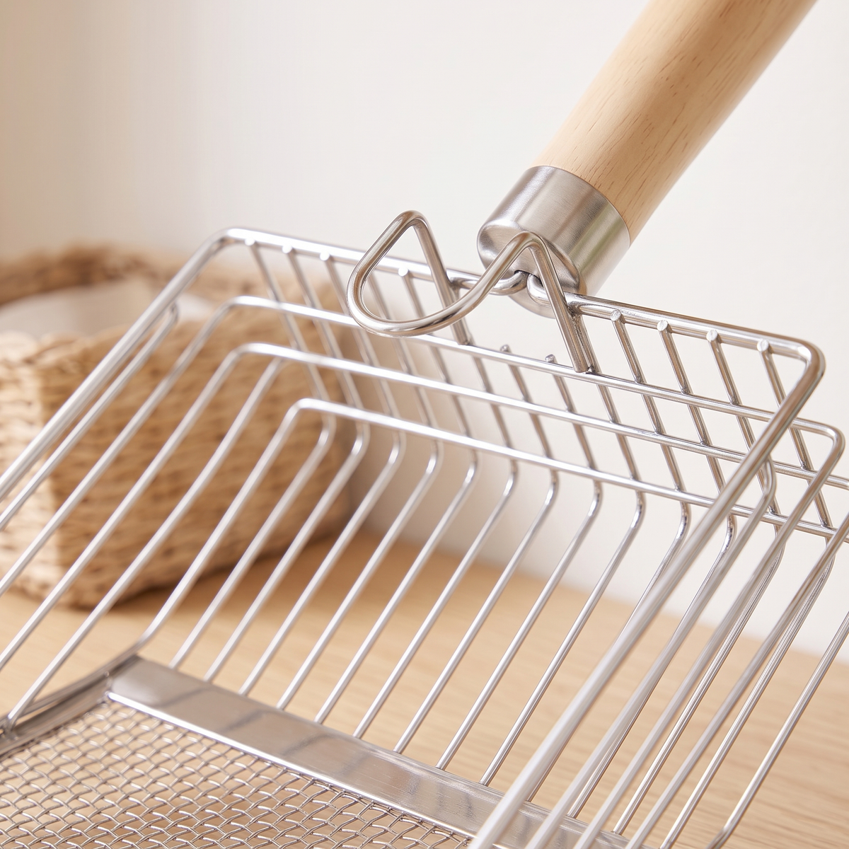 Close-up of the wire hook joining the wooden handle to a stainless steel litter scoop