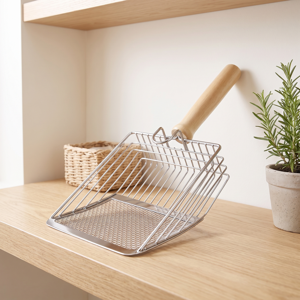 Stainless steel cat litter scoop with wooden handle on an oak shelf
