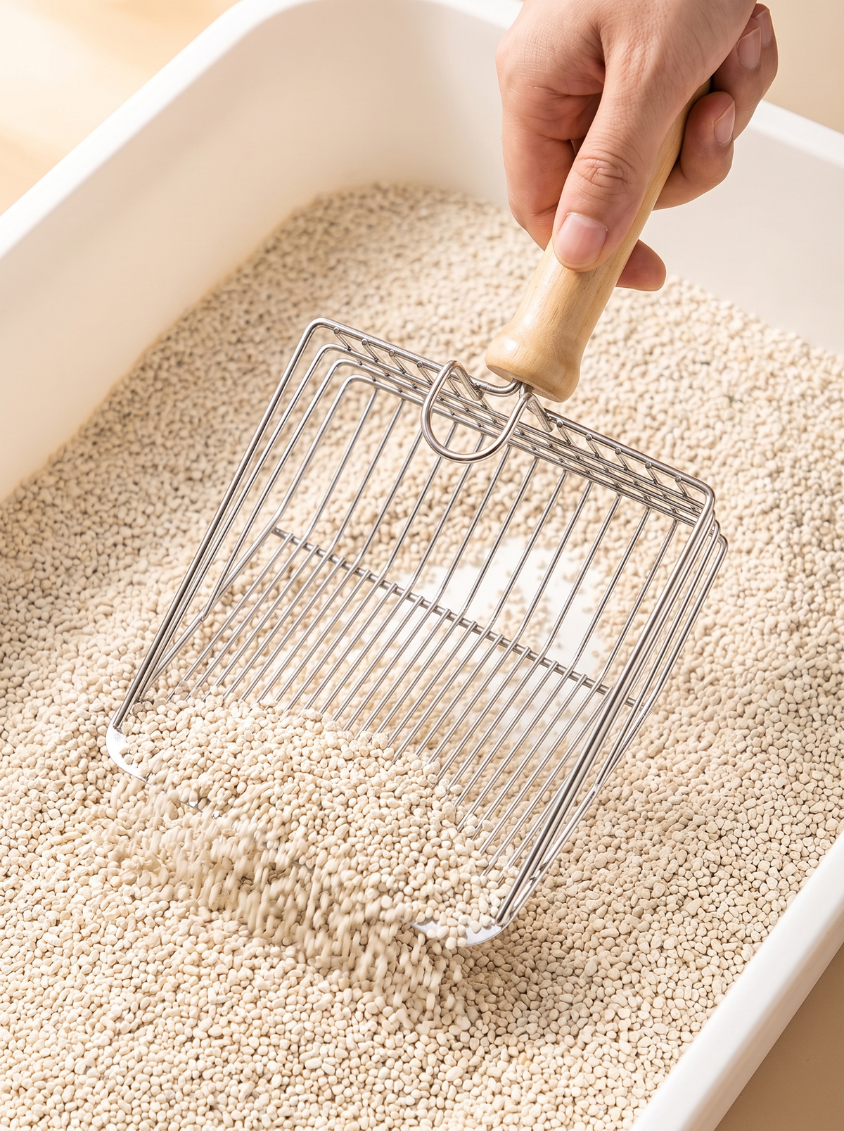 Stainless steel litter scoop gliding through clean cat litter