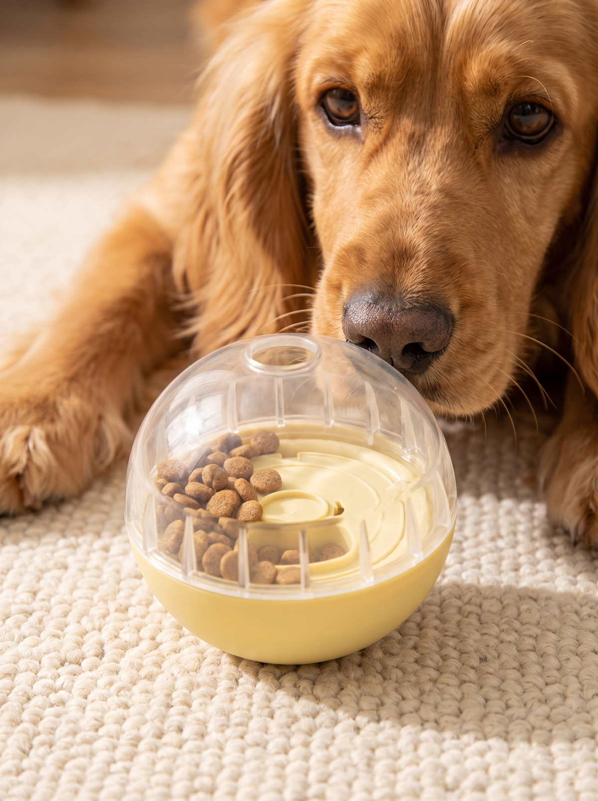 Cocker spaniel staring at the treats inside a treat dispensing ball