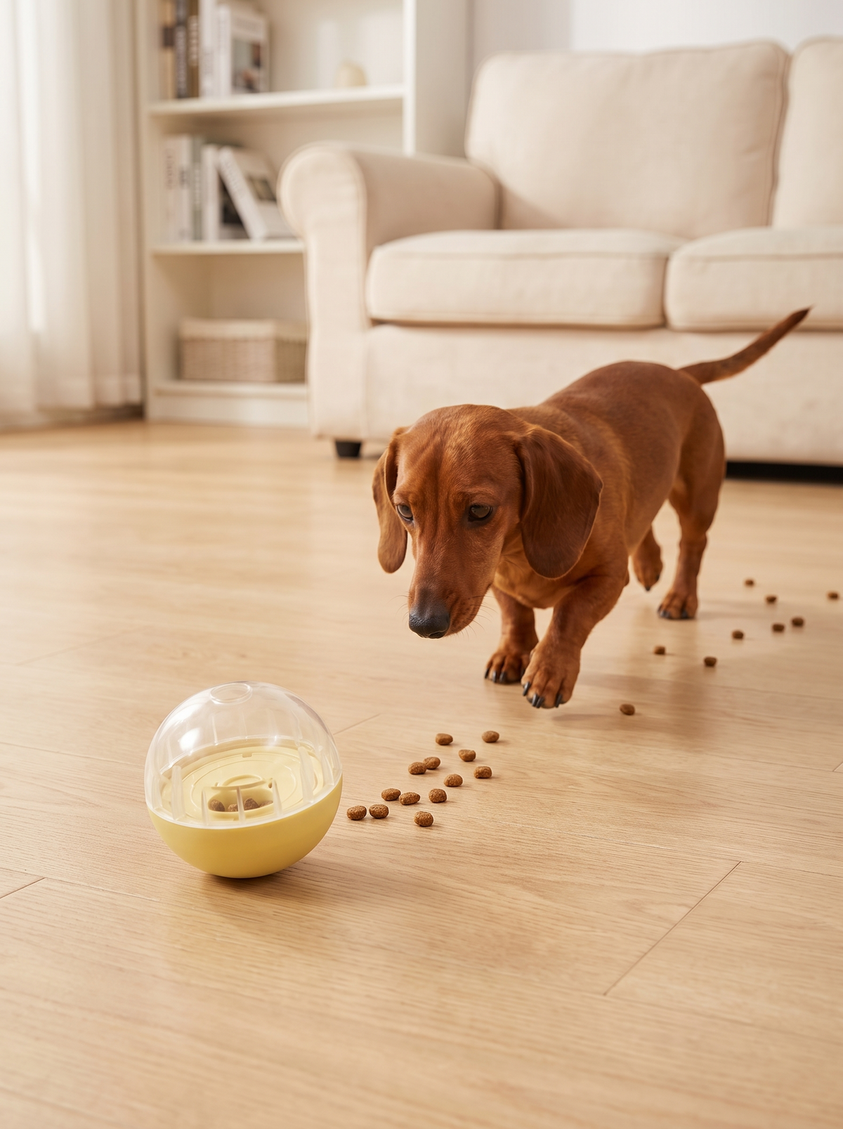 Miniature dachshund chasing a rolling treat dispensing ball