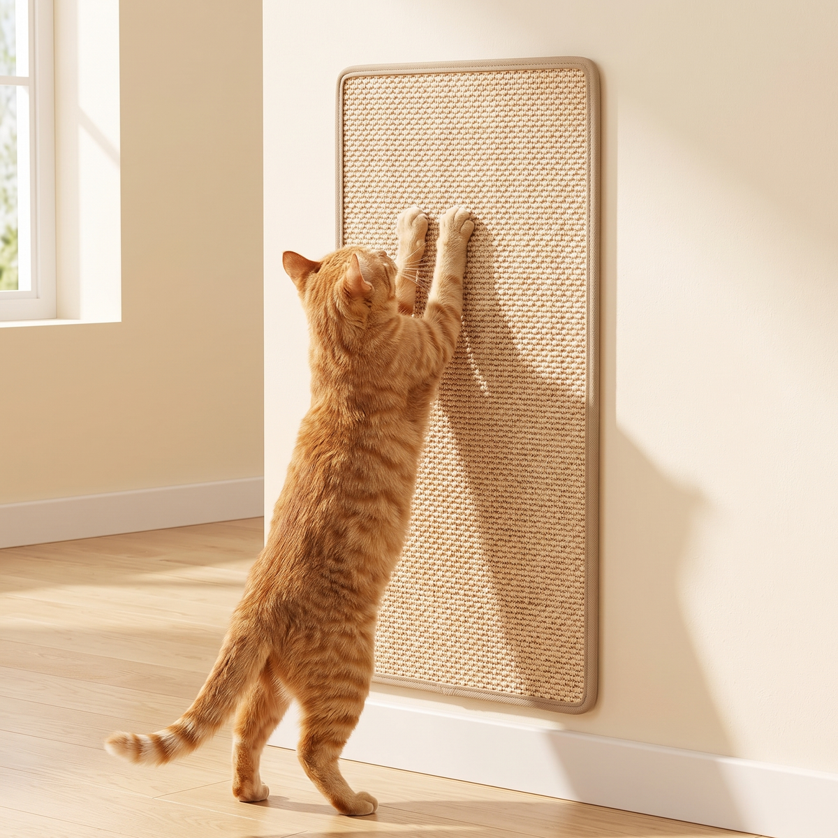 Ginger cat stretching up to scratch a sisal mat on the wall