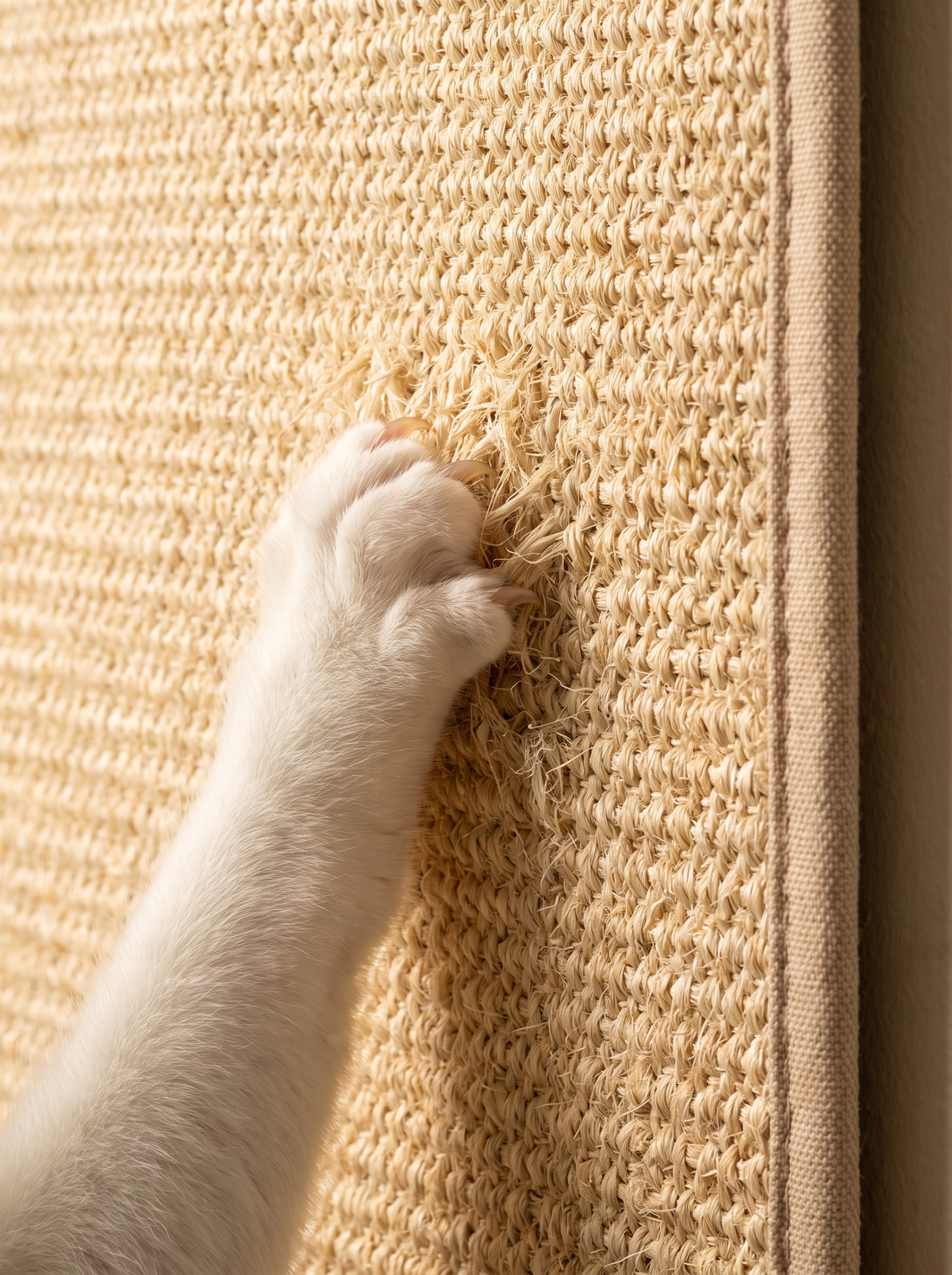 Cat paw with claws in the weave of a sisal scratching mat