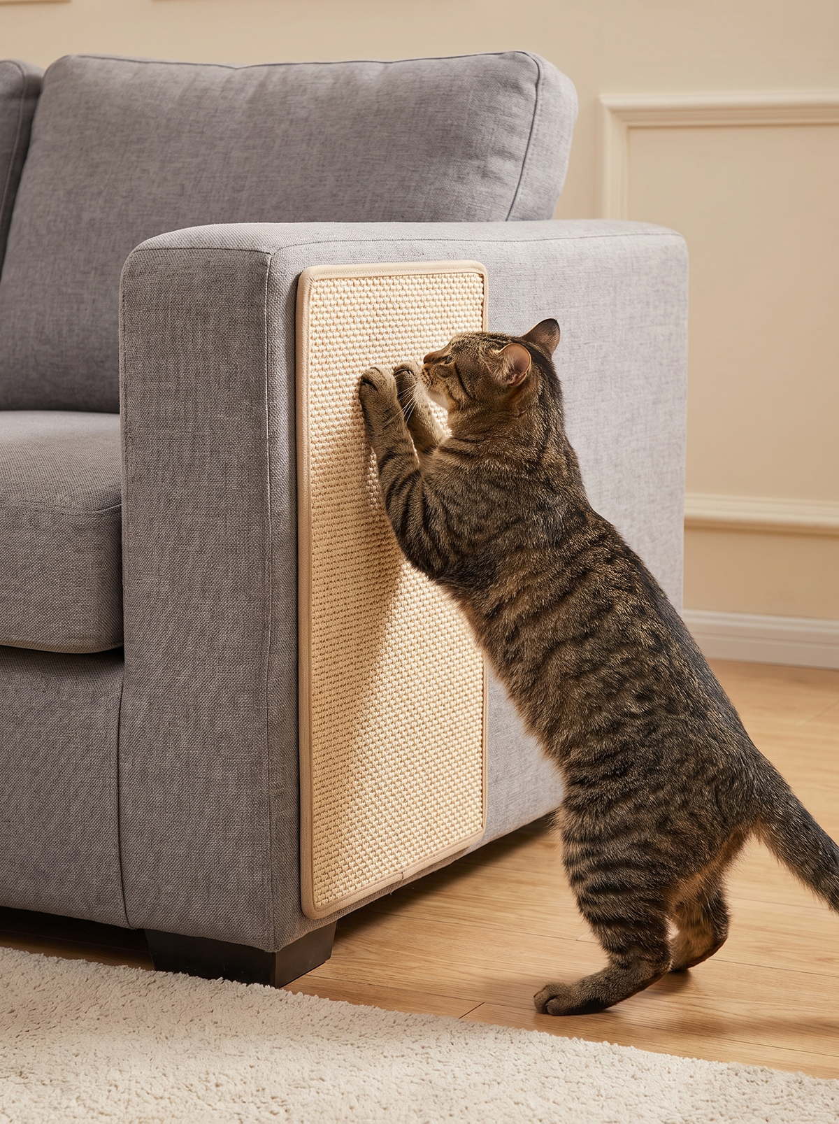 Tabby cat scratching a sisal mat protecting the arm of a grey sofa