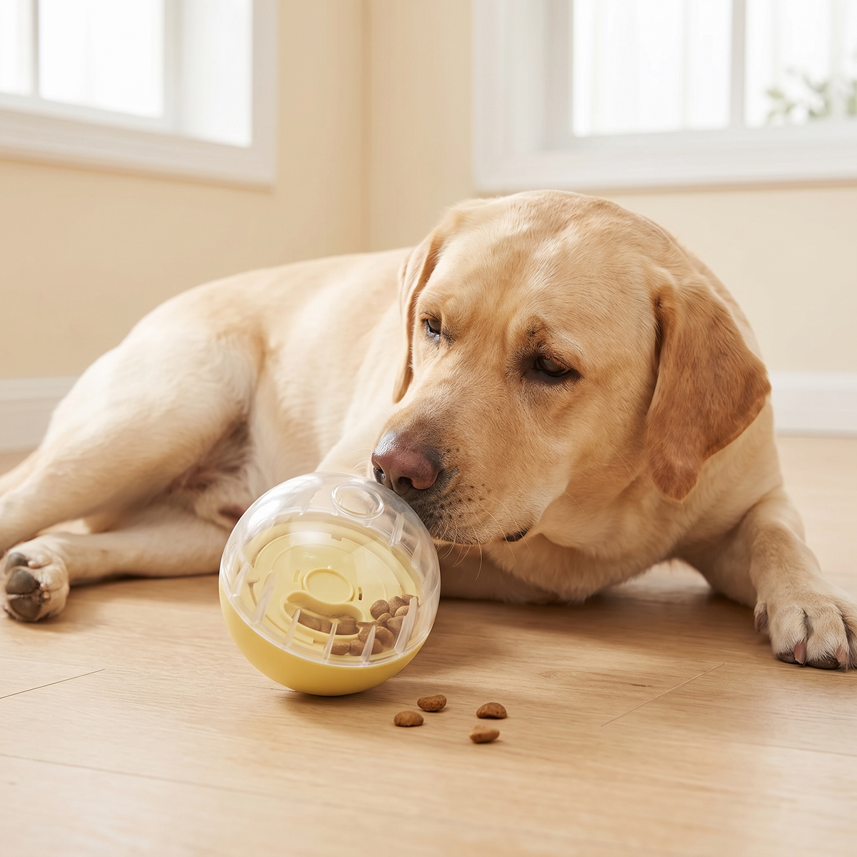 Labrador nudging a yellow treat dispensing ball with its nose