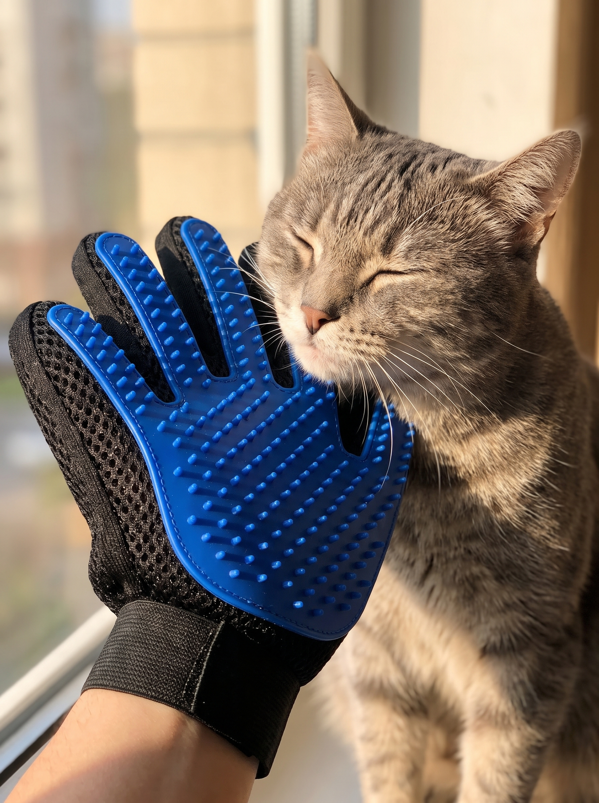 Grey tabby cat leaning its cheek into a blue grooming glove