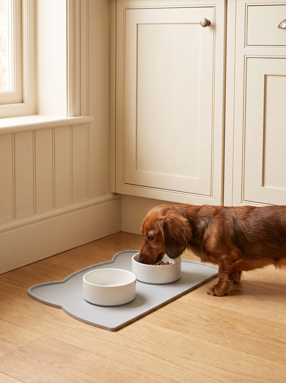 Miniature dachshund eating from a bowl on a grey silicone feeding mat