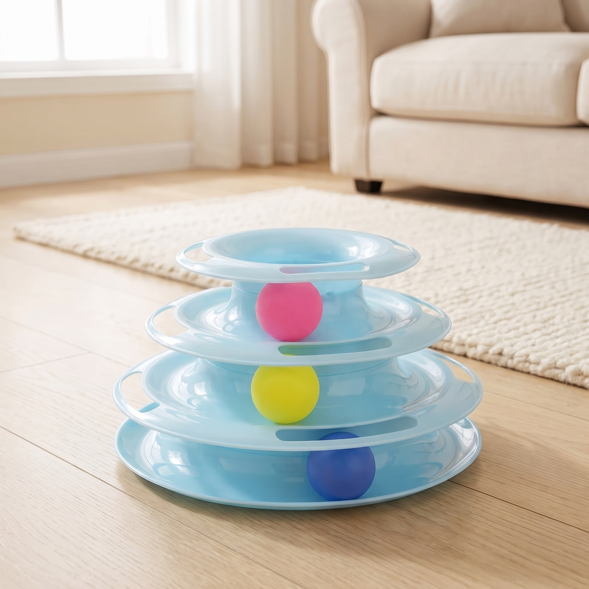 Blue 3 tier cat ball track tower on an oak floor in a living room