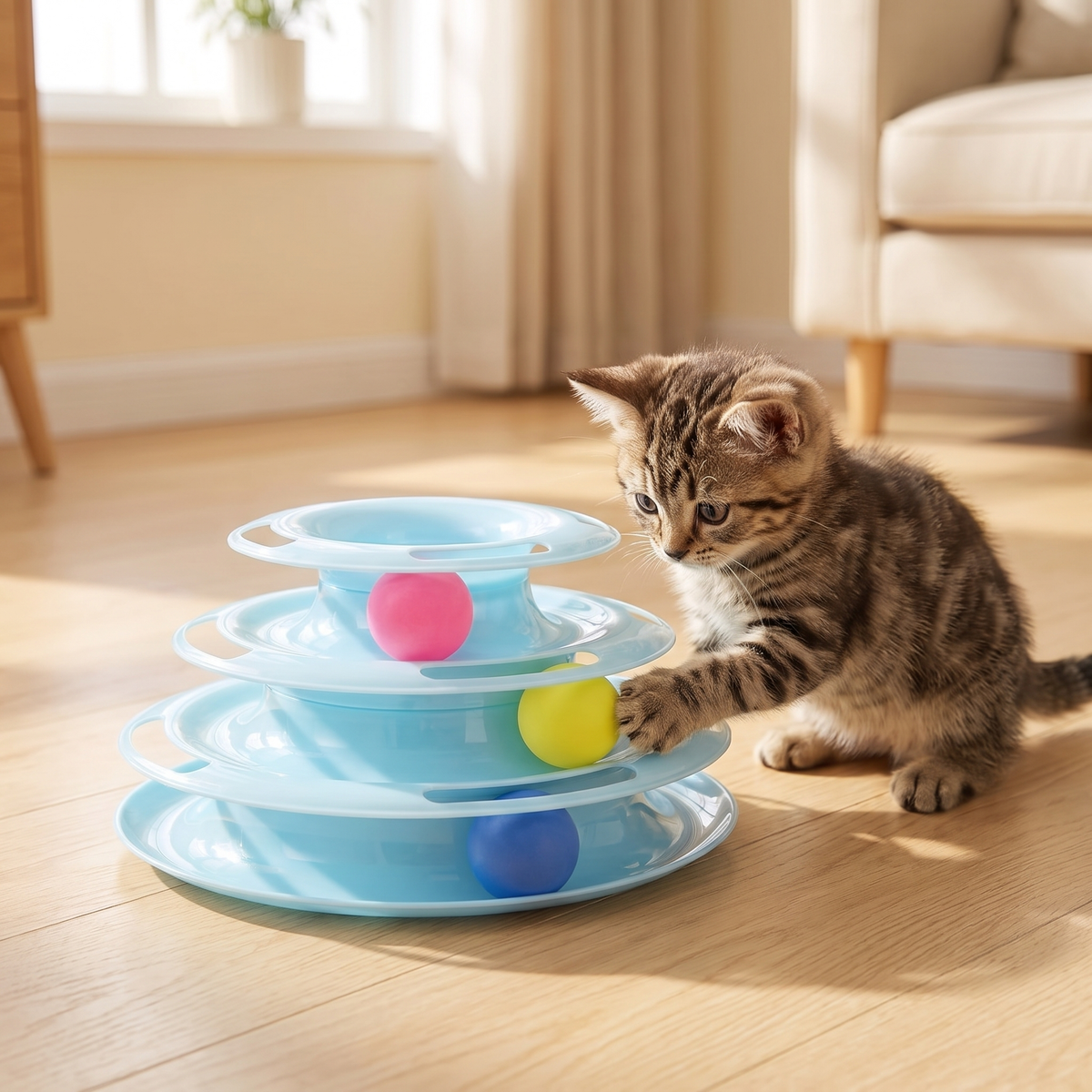 Tabby kitten batting a ball in a blue 3 tier cat ball track tower