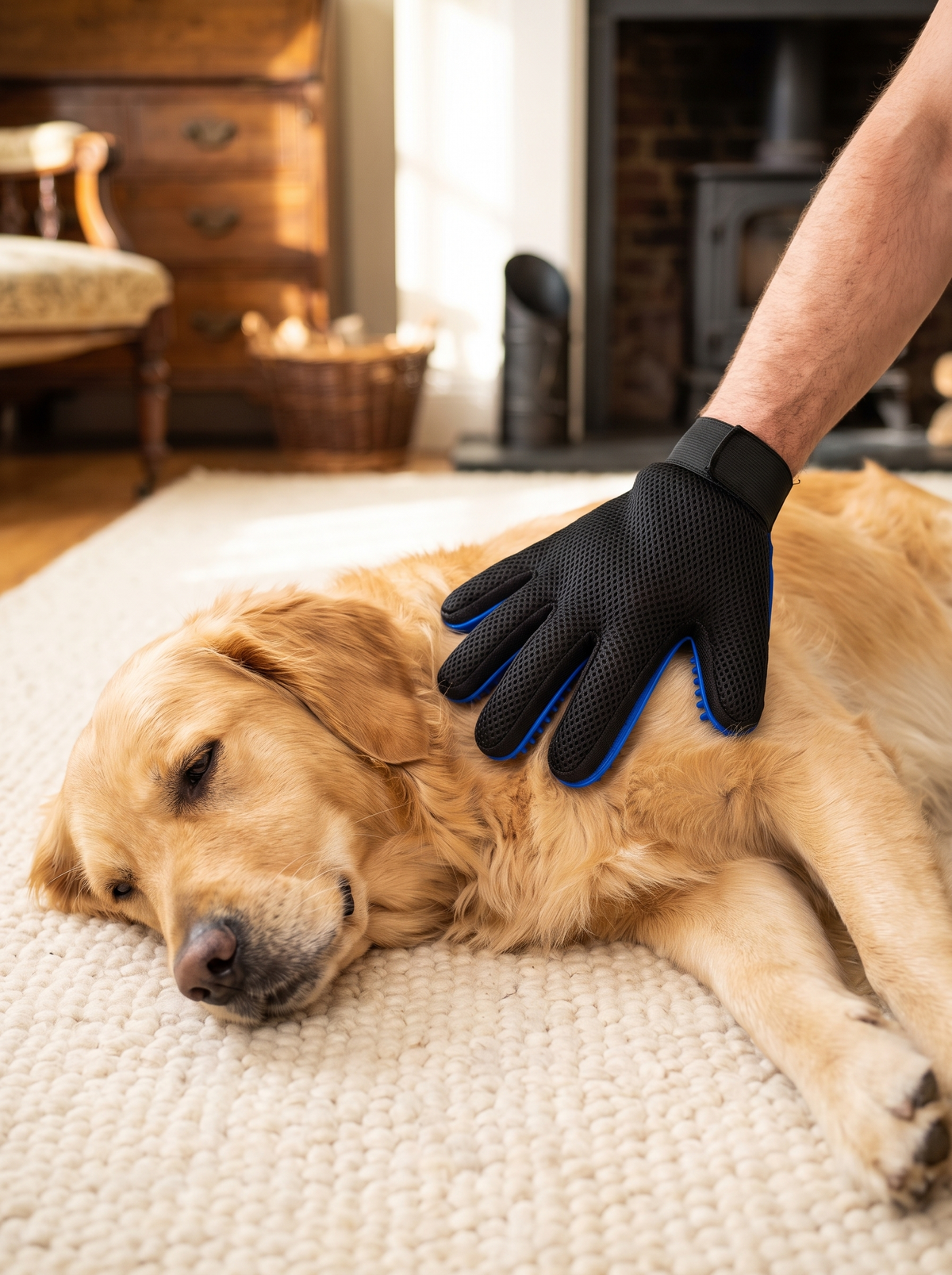 Gloved hand stroking a relaxed golden retriever on a cream rug