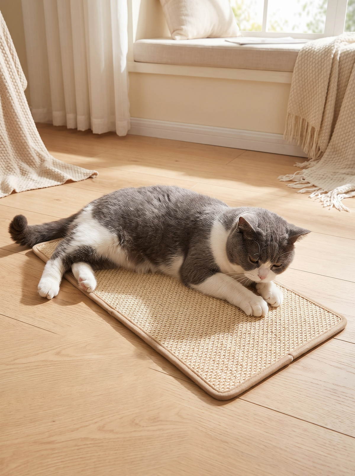 Grey and white cat lying on a sisal scratching mat on the floor