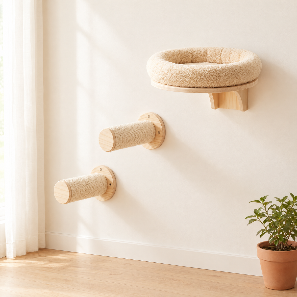 The First Climb cat wall set: a sherpa fleece Cat Wall Bed with two sisal wall steps staggered below it on a cream wall