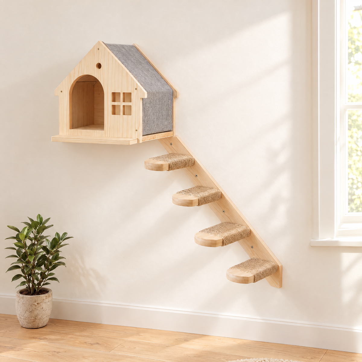 The Hideaway cat wall set: sisal wall staircase leading up to a gabled cat wall house on a cream wall
