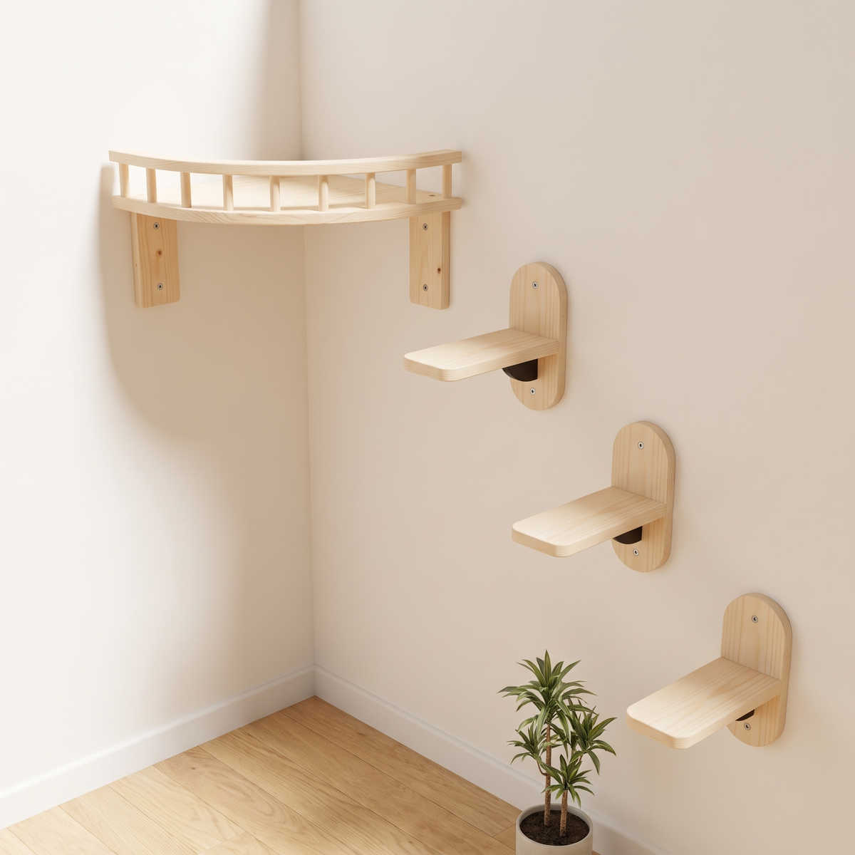 Pale pine corner cat shelf with dowel rail fitted in a room corner above three bare pine climbing steps