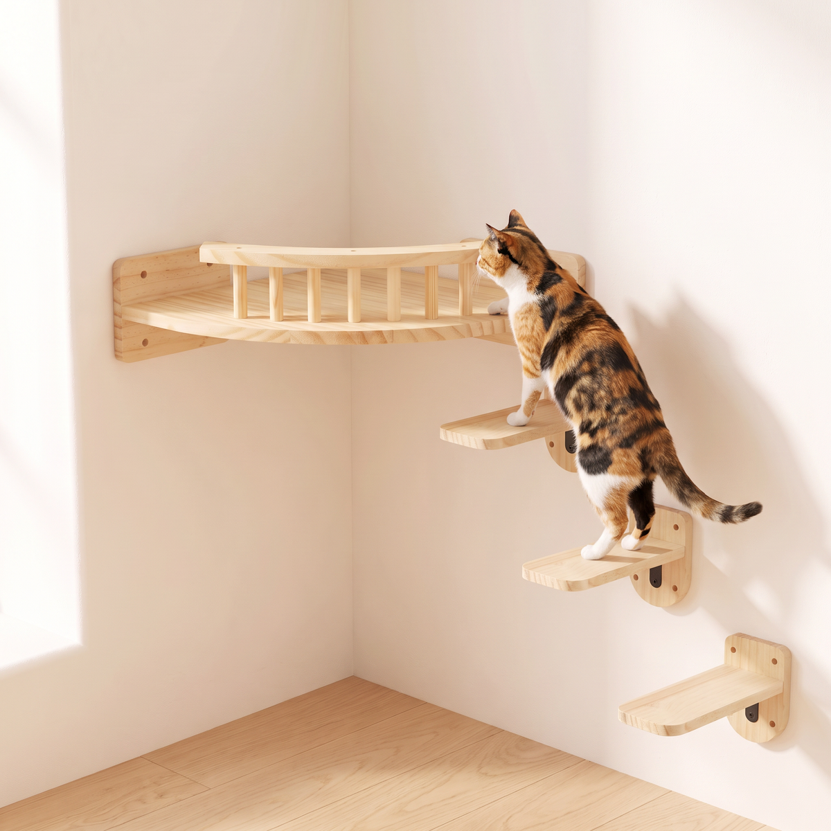 Calico cat climbing pine wall steps up to a corner cat shelf