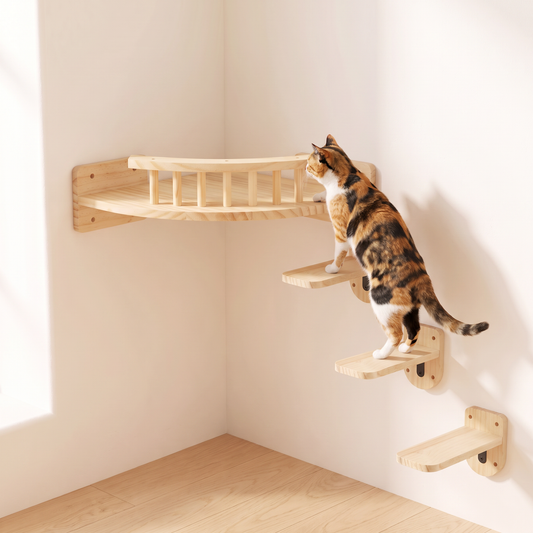 Calico cat climbing pine wall steps up to a corner cat shelf