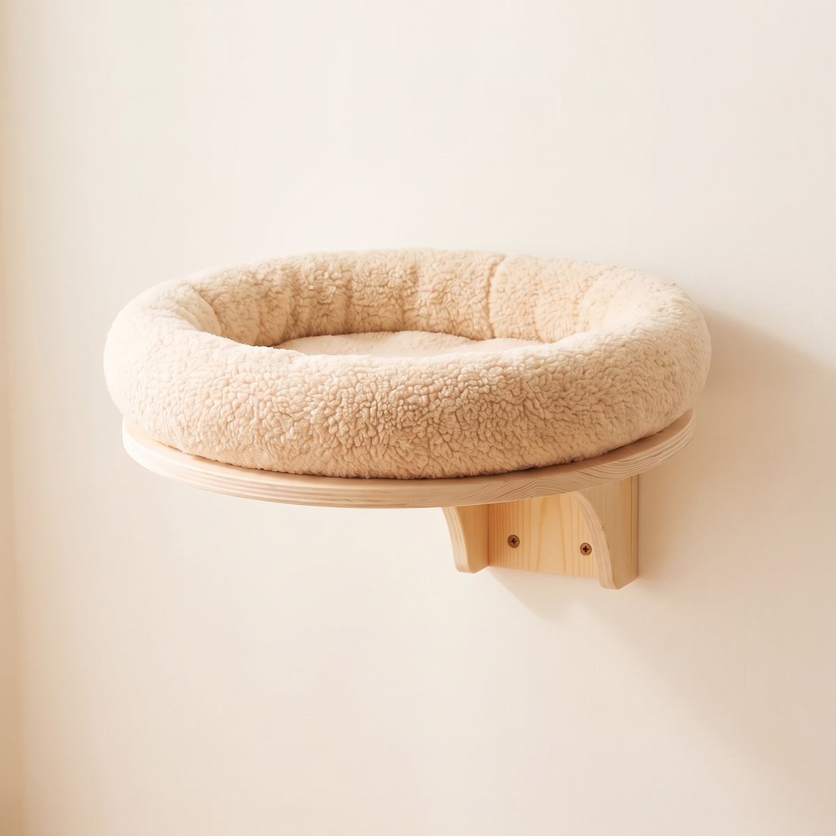 Oval cream sherpa fleece cat wall bed on a pale pine bracket mounted on a plain cream wall