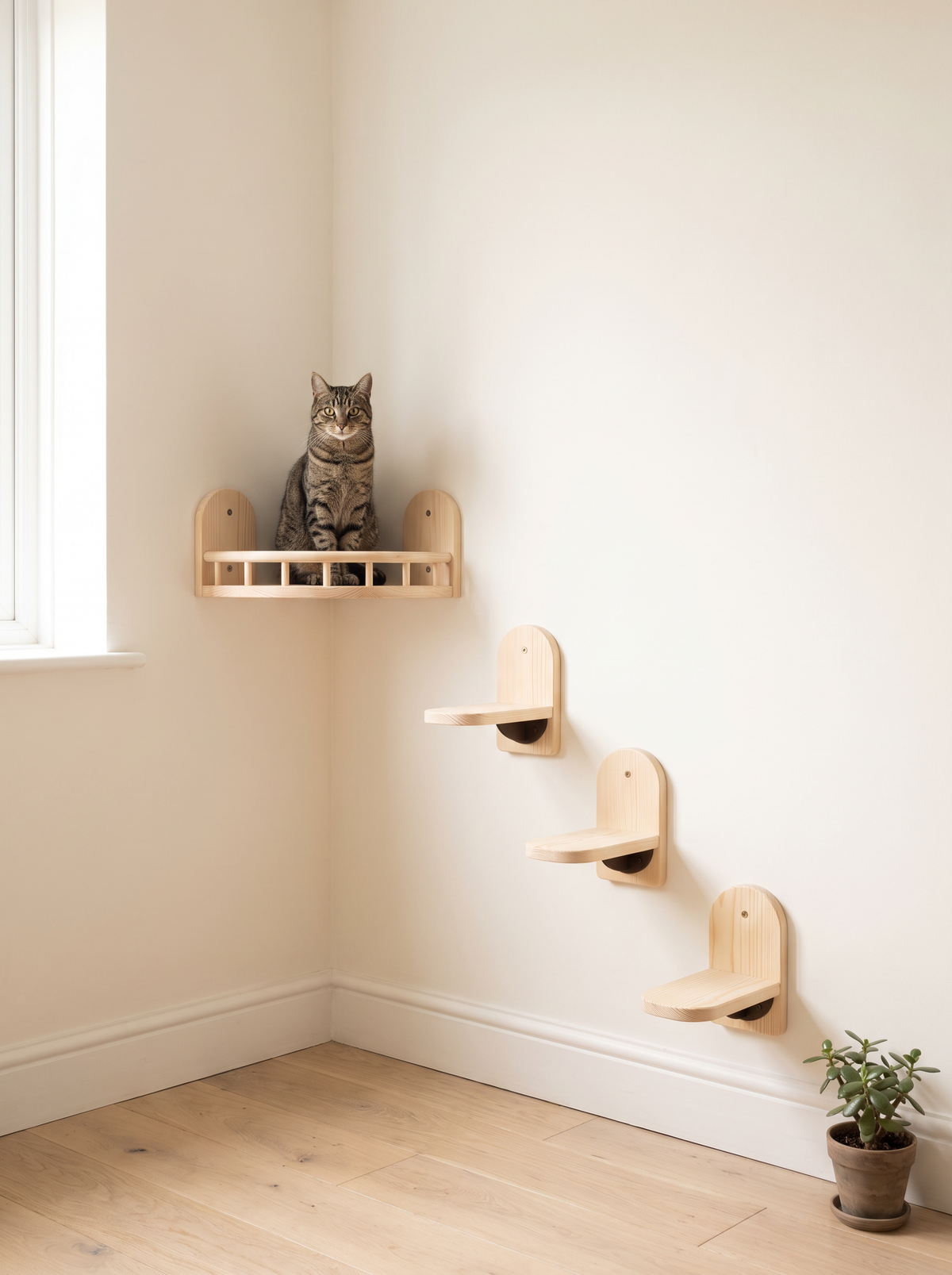 Tabby cat sitting on a pale pine corner cat shelf above three wall steps