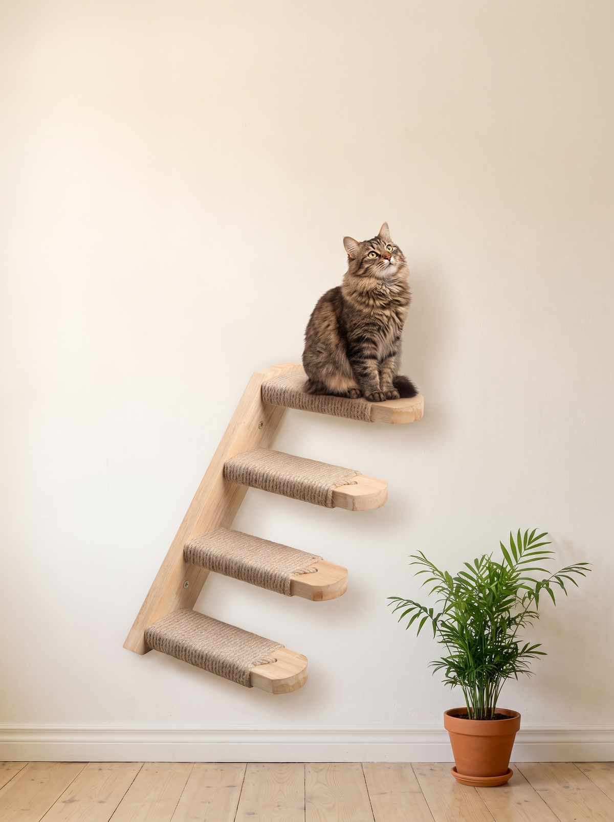 Tabby cat sitting on the top step of a four step sisal cat wall staircase