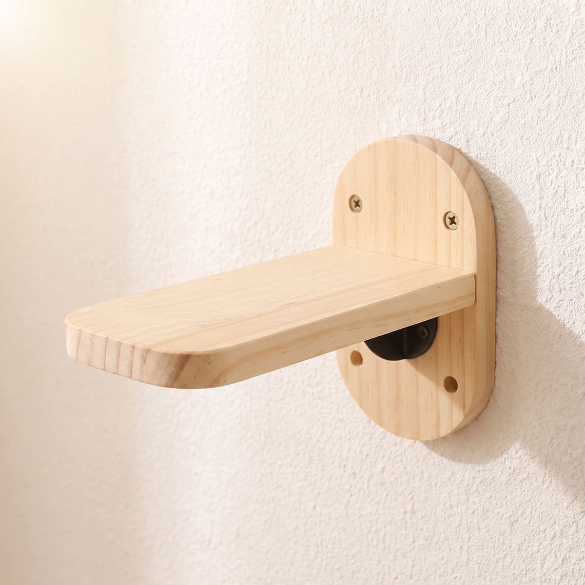 Close-up of a bare pale pine cat wall step on its rounded wall plate with a dark bracket