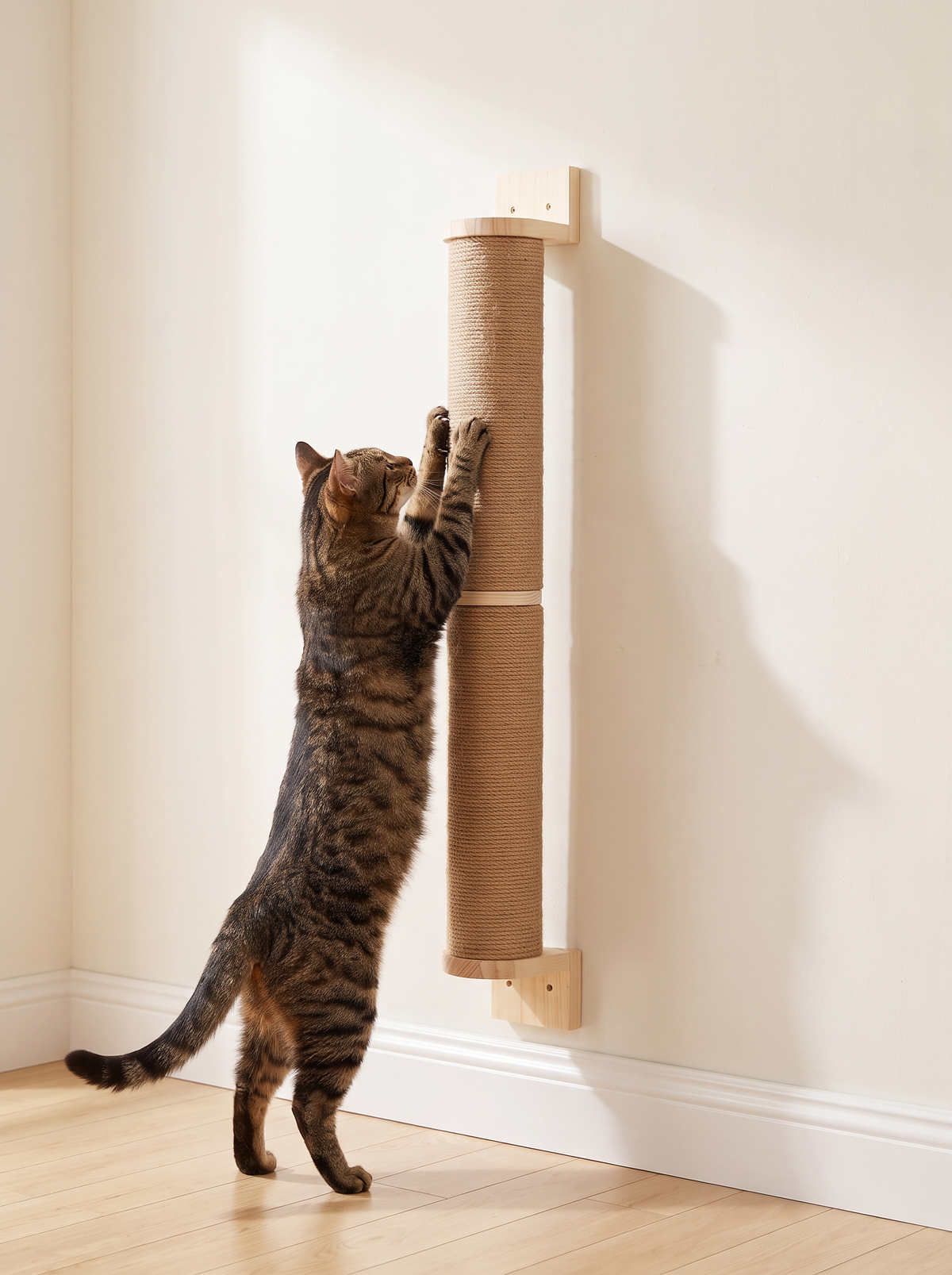Tabby cat stretching up to scratch a 65cm wall mounted sisal scratching post