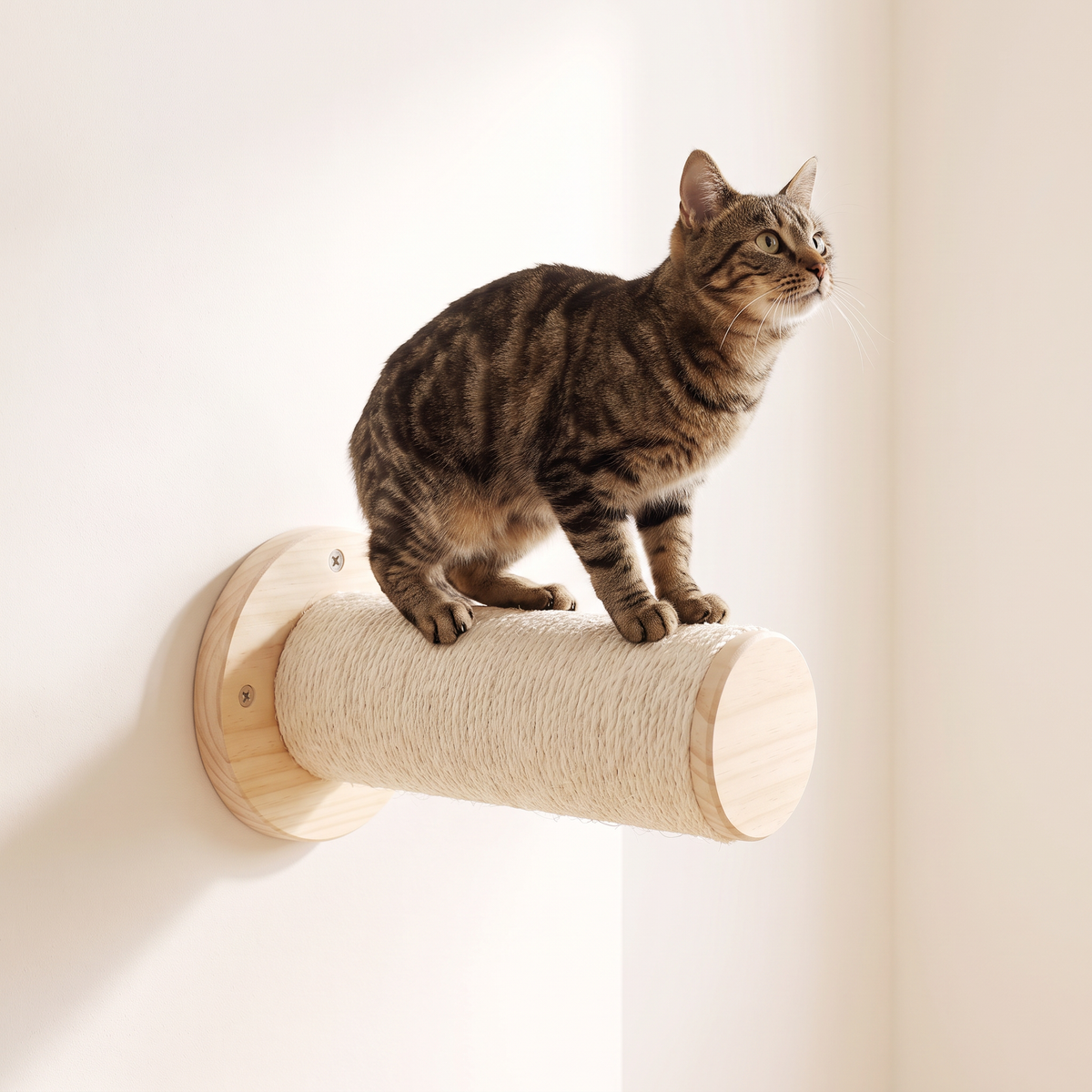 Tabby cat standing on a single cream sisal cat wall step with pale pine discs