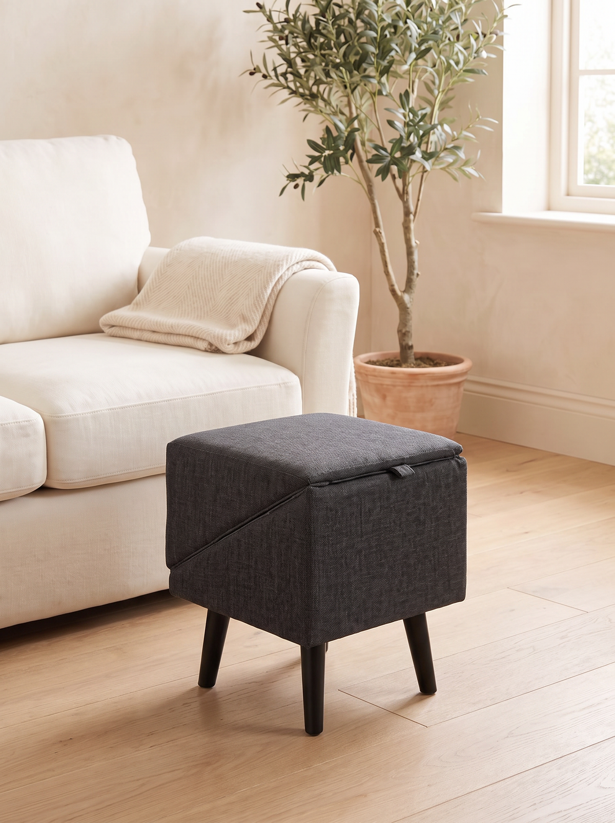 Charcoal dog ramp folded as a footstool on black legs beside a cream armchair