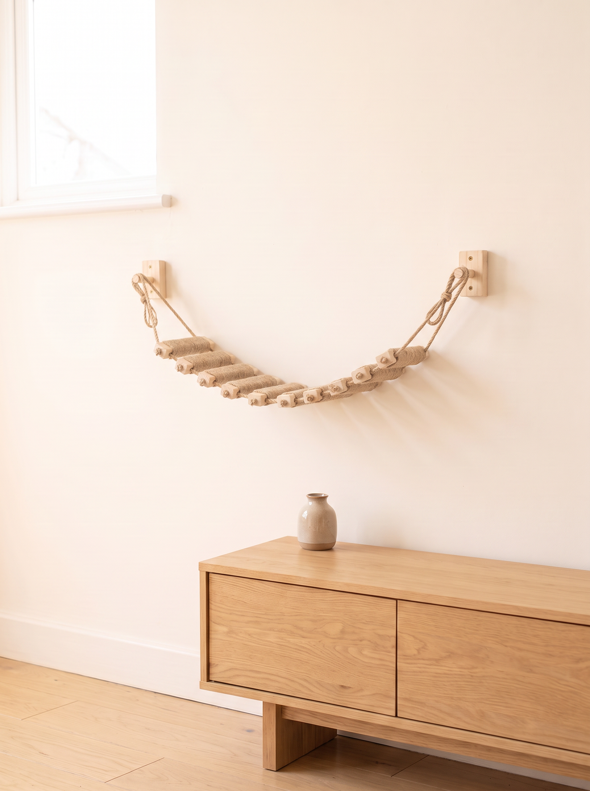 50cm sisal cat rope bridge hung on a cream wall above a pale oak sideboard