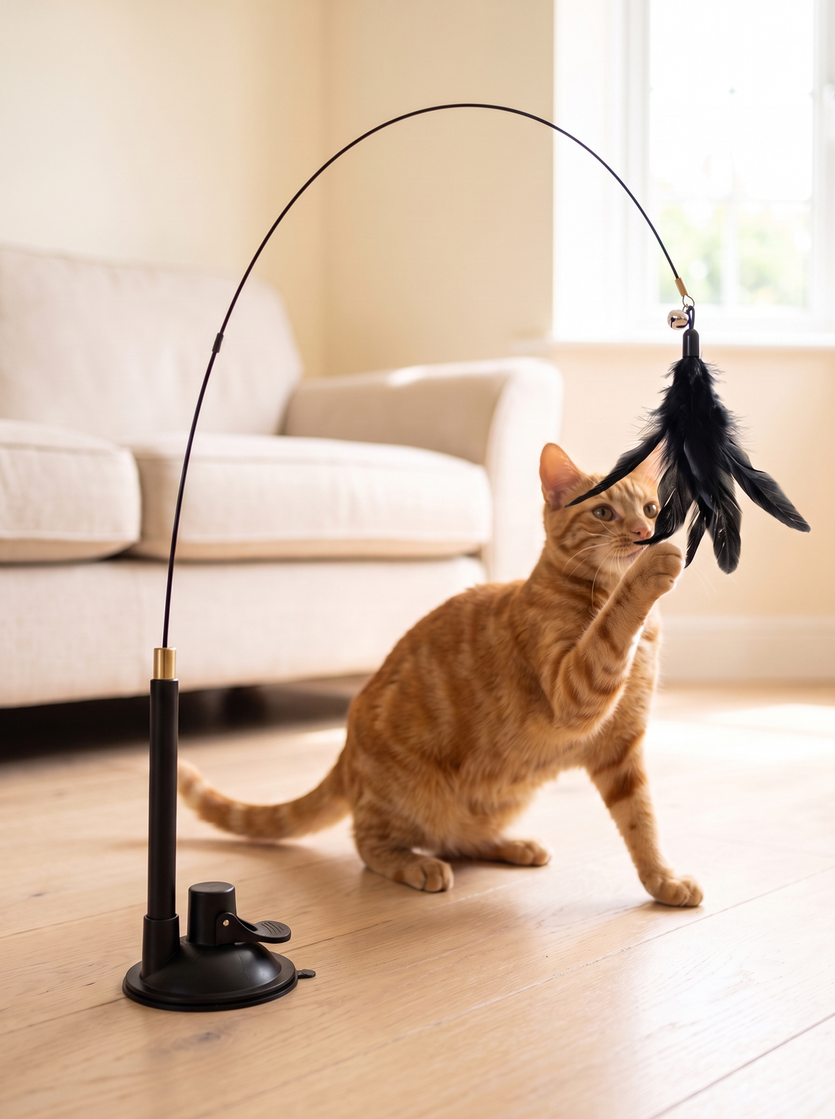 Ginger cat batting the black feathers on a suction cup cat feather wand toy