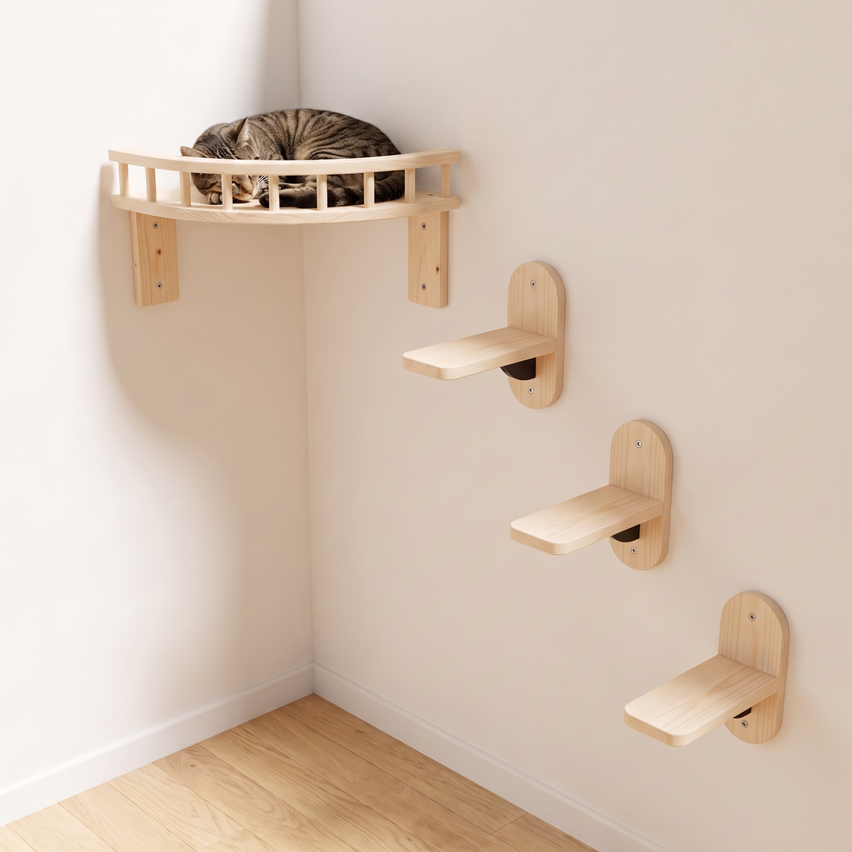 Tabby cat curled up on a pale pine corner cat shelf above three wall steps