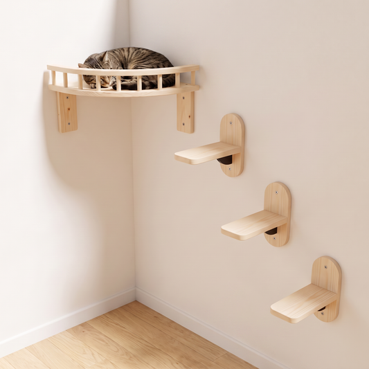 Tabby cat curled up on a pale pine corner cat shelf above three wall steps