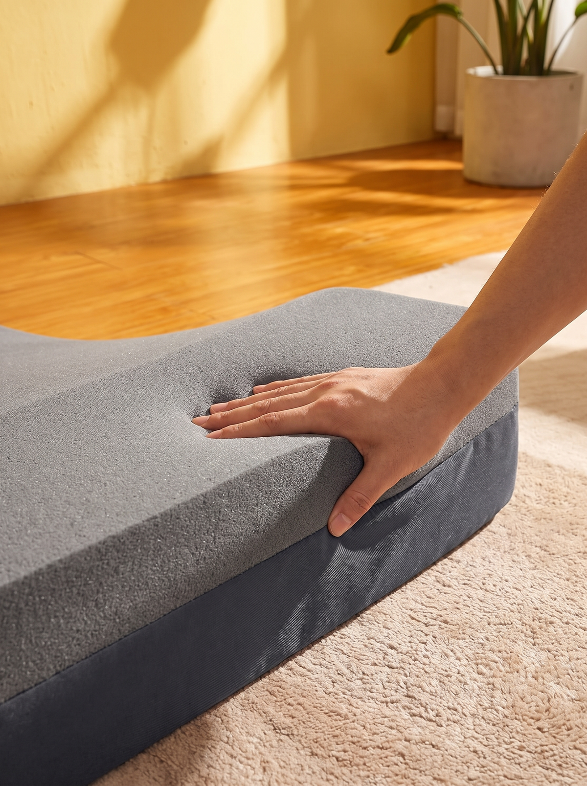 Hand pressing into the thick memory foam edge of the mattress