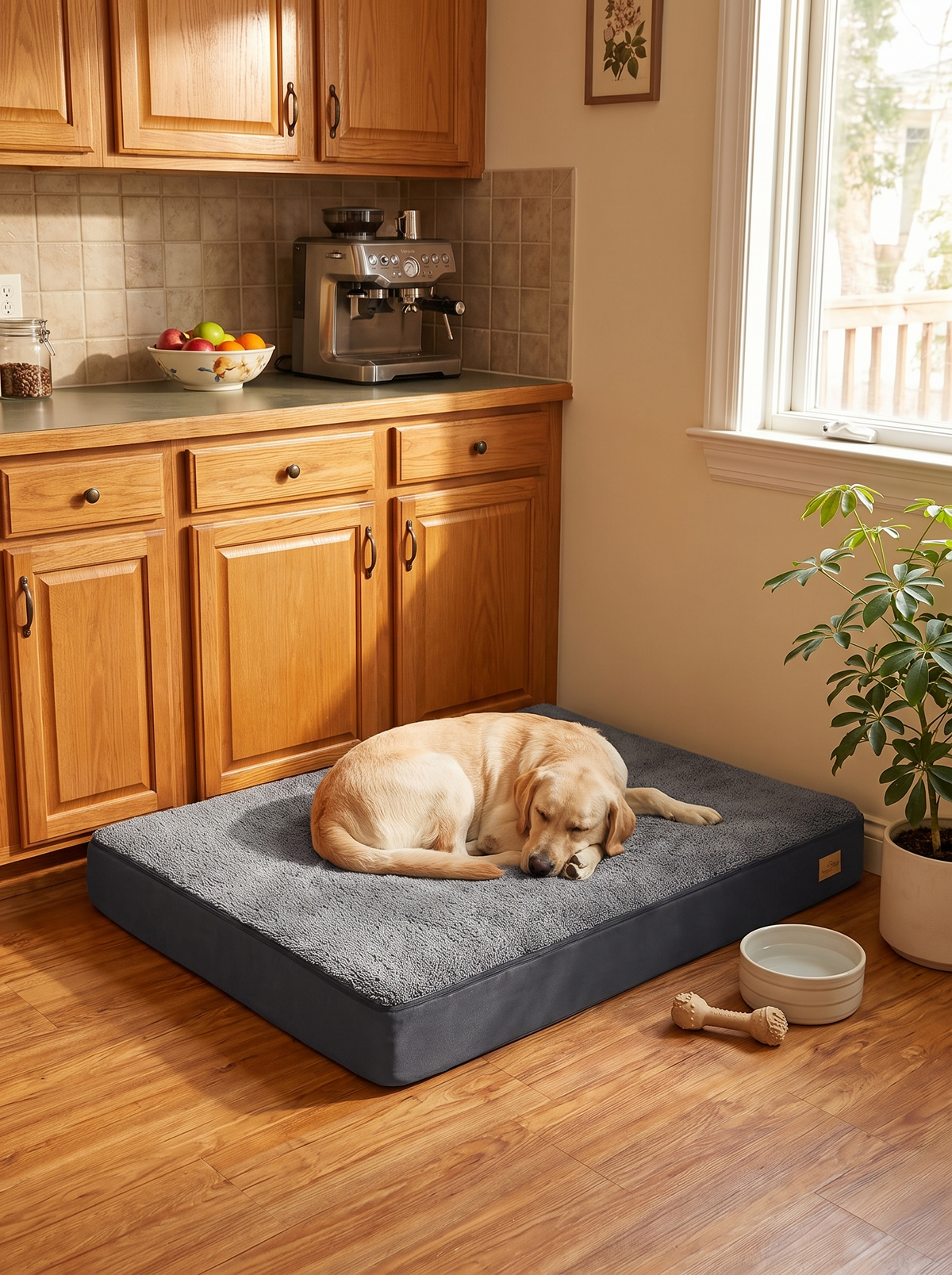 Flat dog mattress tucked into the corner of a warm kitchen