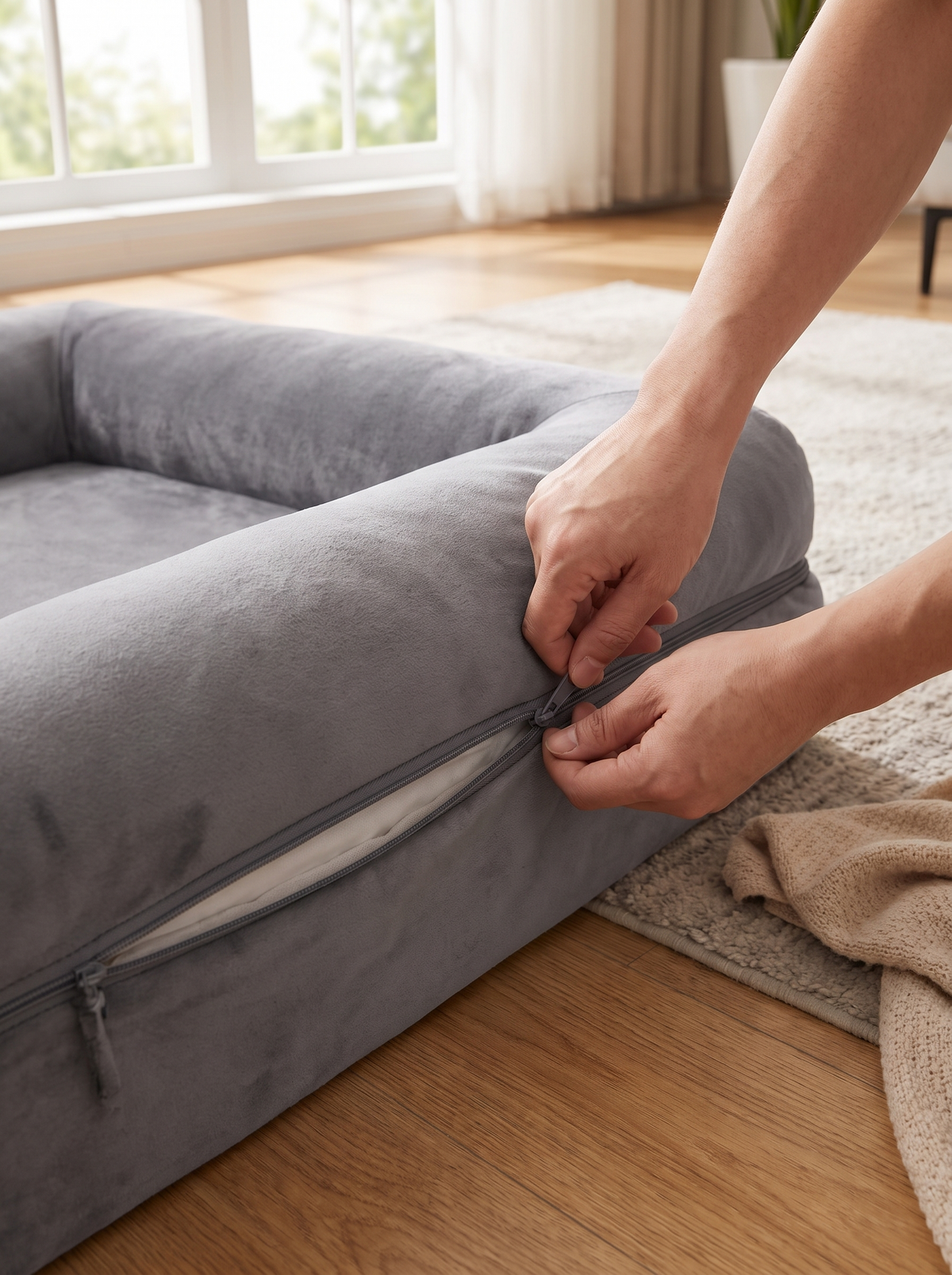 Hands unzipping the plush cover along the bolster of the dog sofa