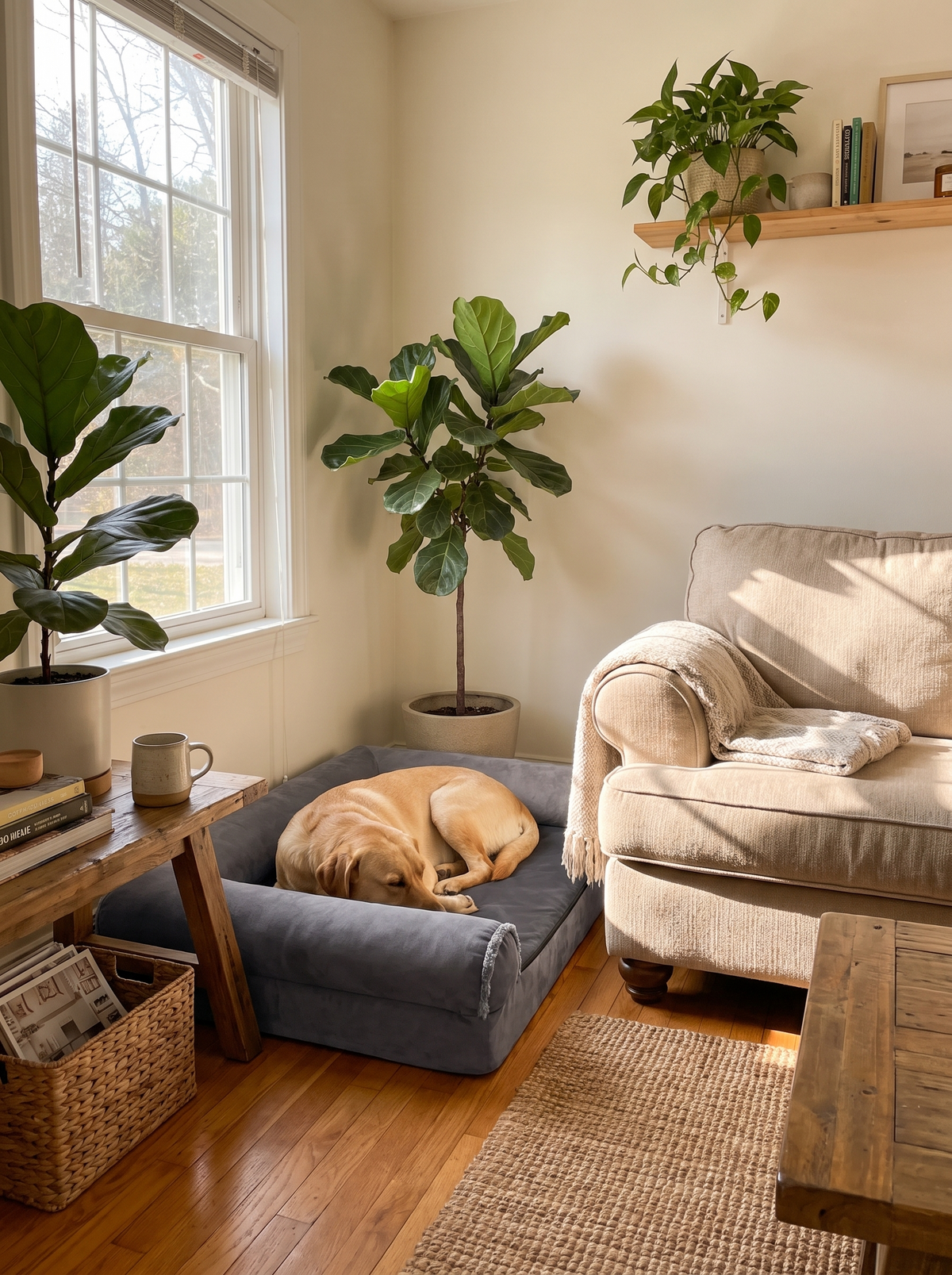 L-shape dog sofa tucked into a living room corner beside an armchair