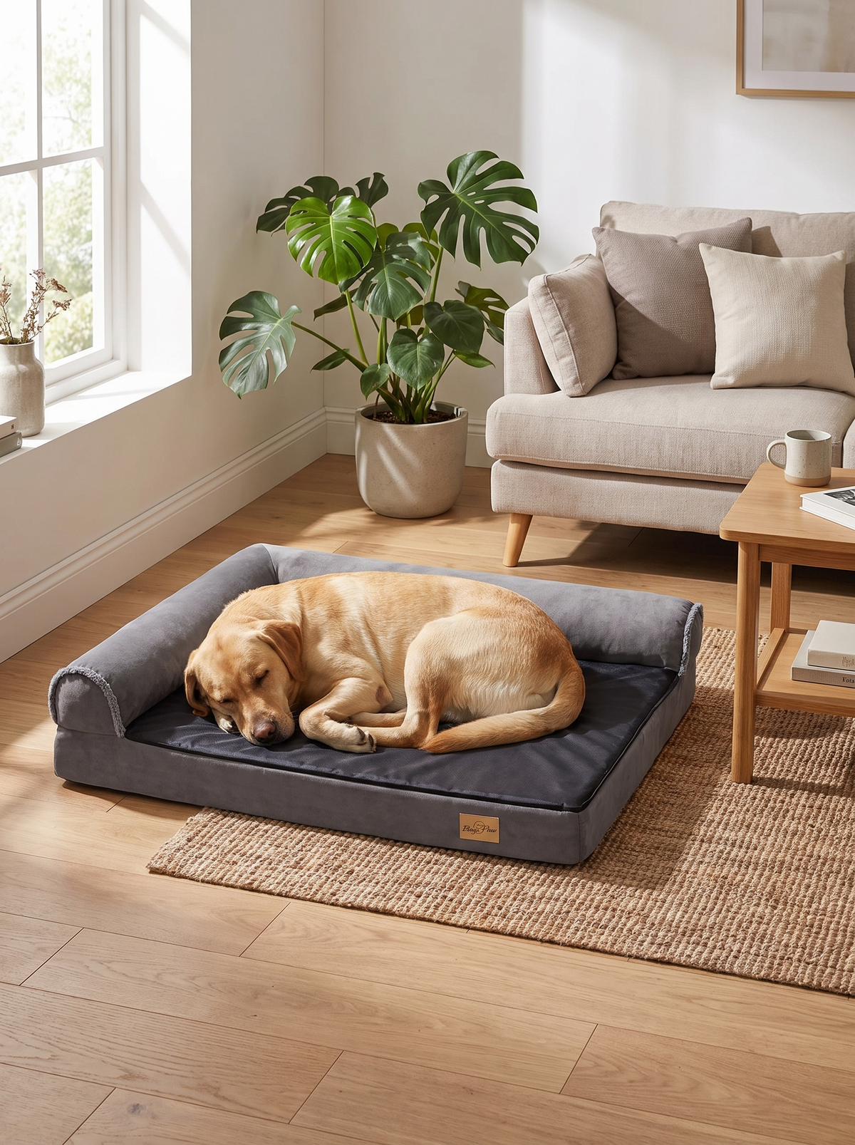 Large dog asleep in the corner of the L-shape bolster bed