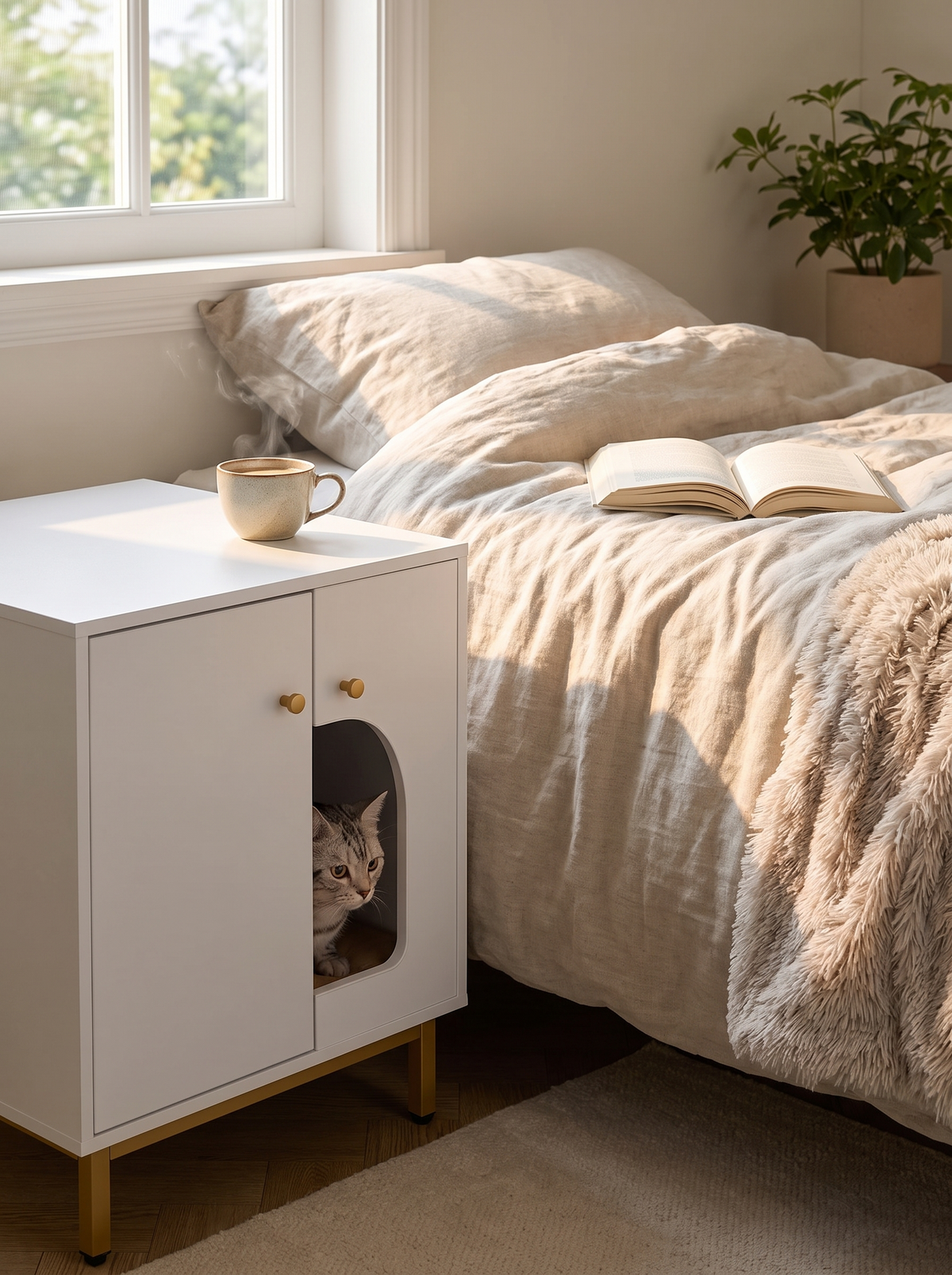 Scandi litter enclosure side table beside bed in soft morning light