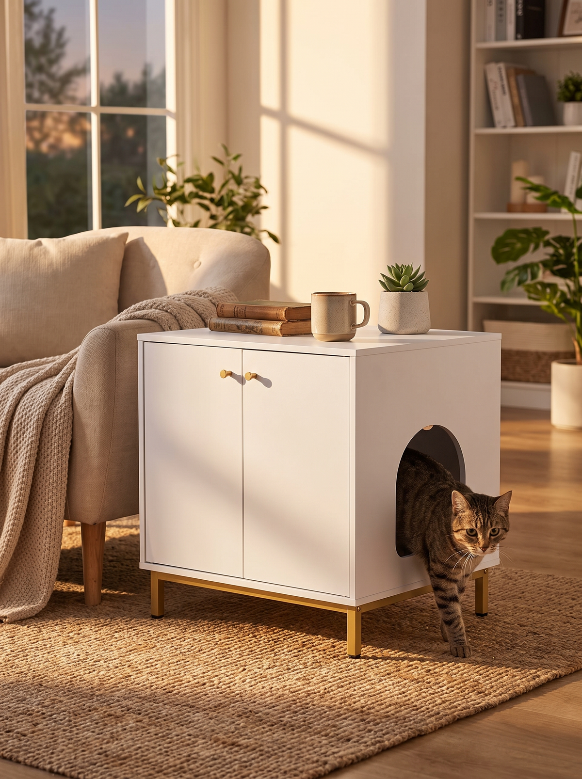 Cat stepping out of side entrance of litter table