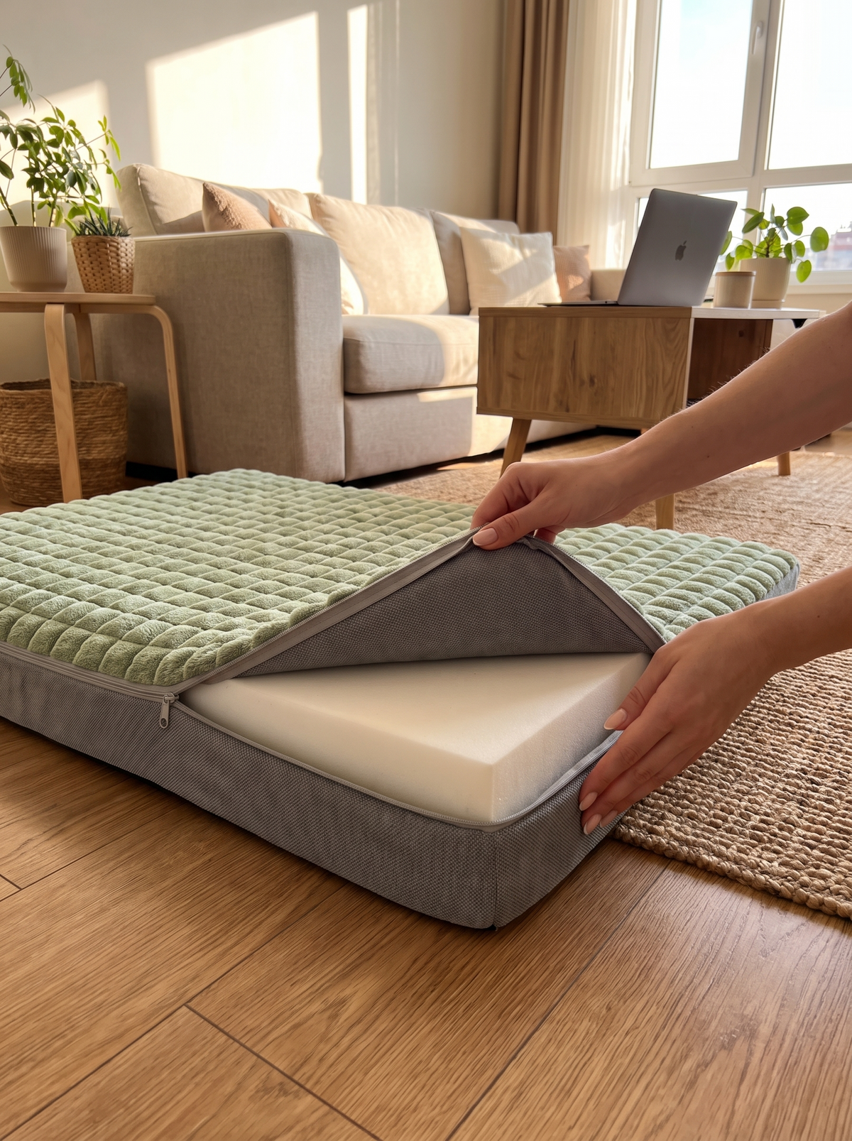 Hands unzipping the washable cover of the memory foam dog bed