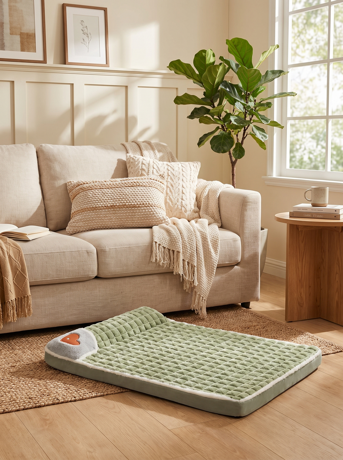 Memory foam dog bed beside a linen sofa in a neutral living room