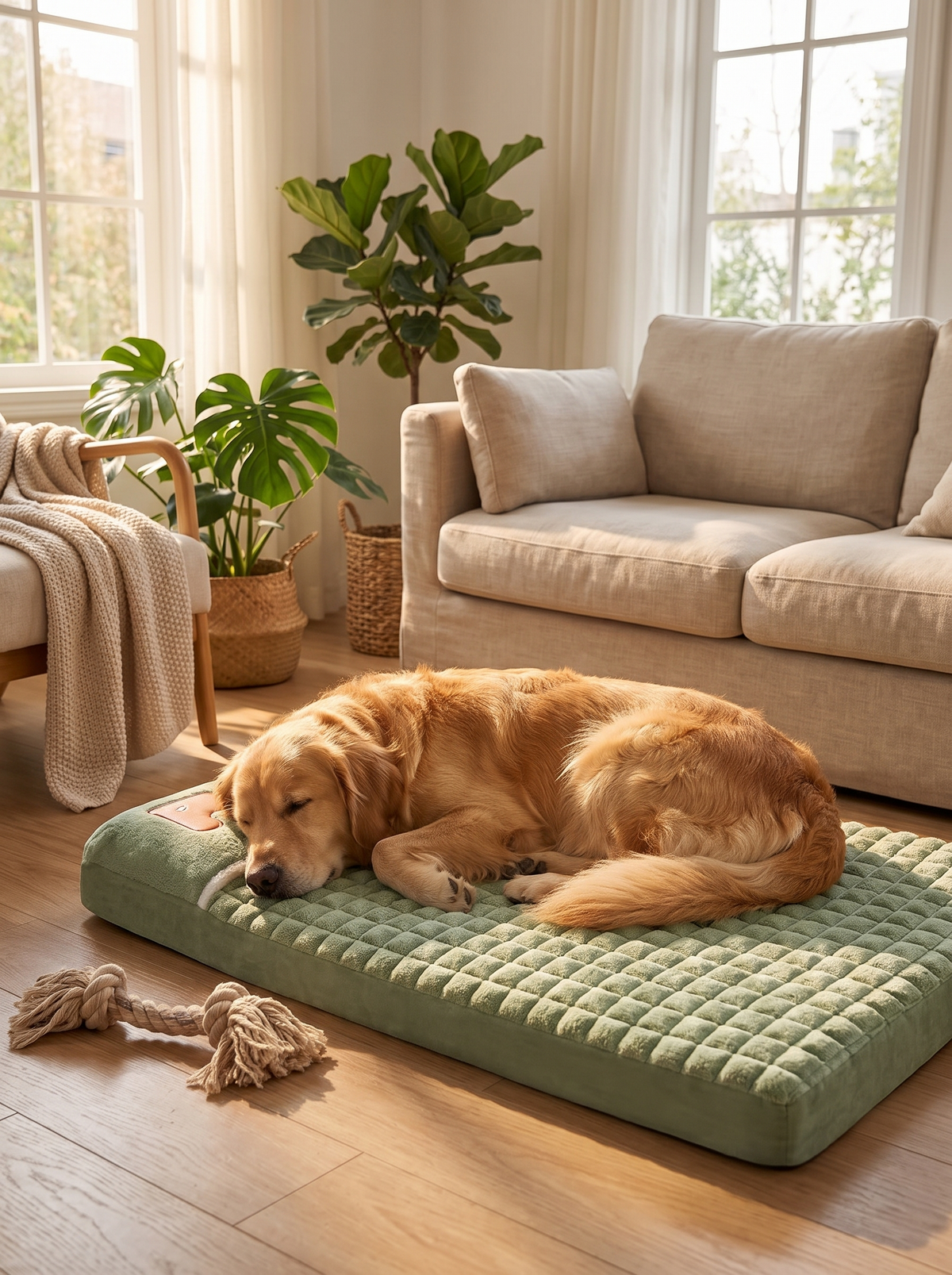 Large dog asleep on the orthopedic memory foam dog bed