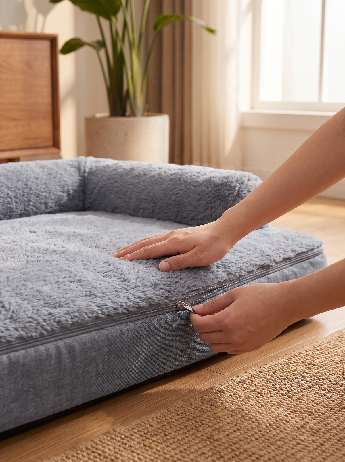 Hands smoothing the plush washable cover of the dog sofa bed