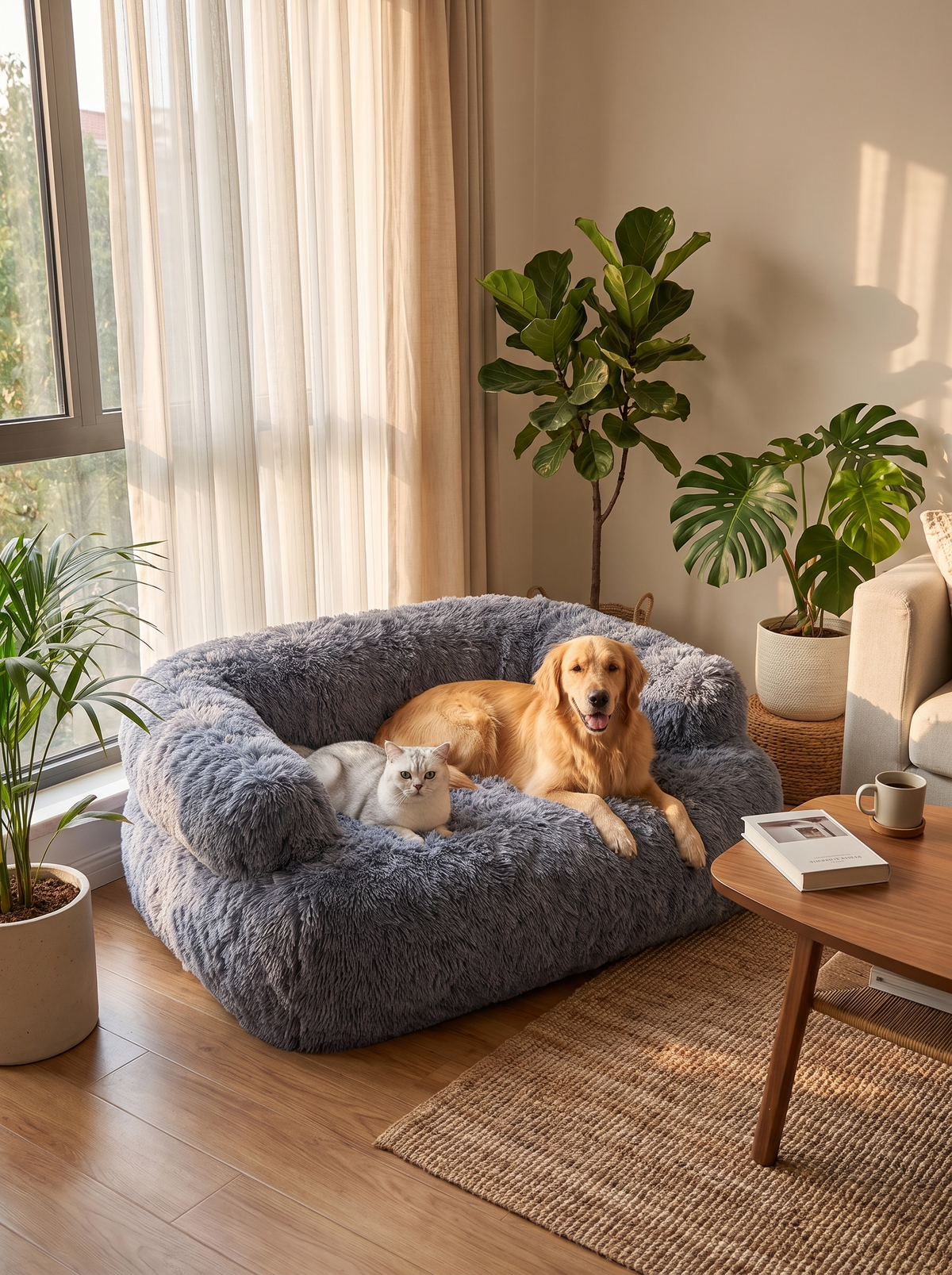Plush dog sofa bed in the corner of a warm styled living room