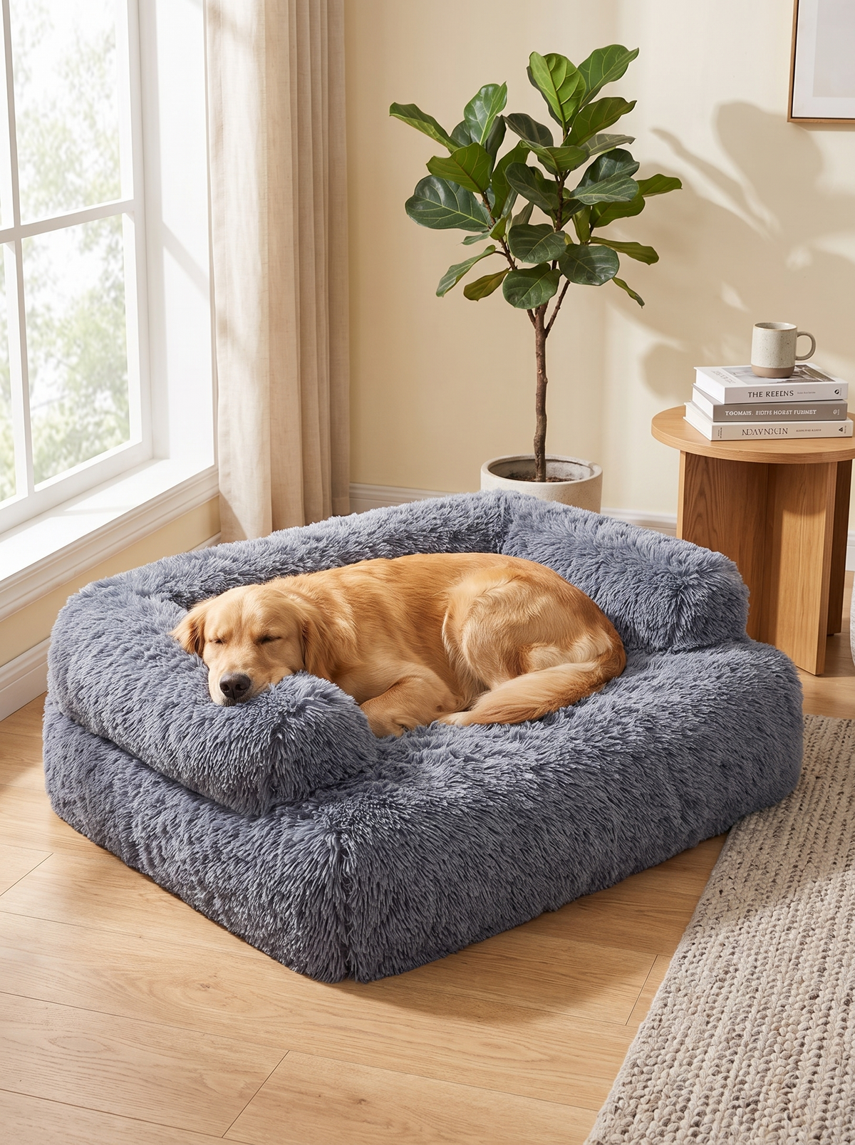 Dog resting its head on the bolster of the plush dog sofa bed